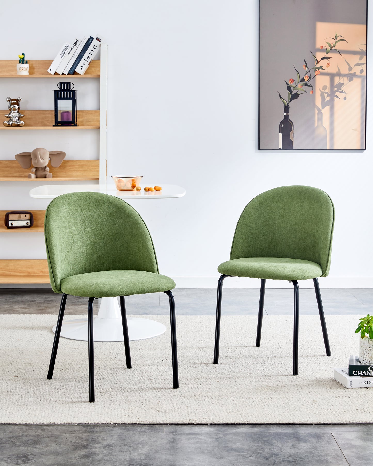 Green Modern chair(set of 2 ) with iron tube legs, soft cushions and comfortable backrest, suitable for dining room, living room, cafe,hairball back