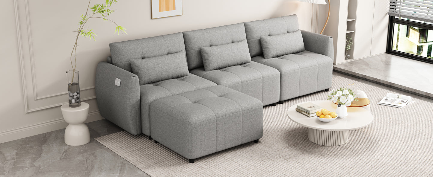 113.3" Convertible Sectional Sofa Couch 3-Seat L-Shaped Sofa with Movable Ottoman and USB for Apartment, Living Room, Bedroom, Grey