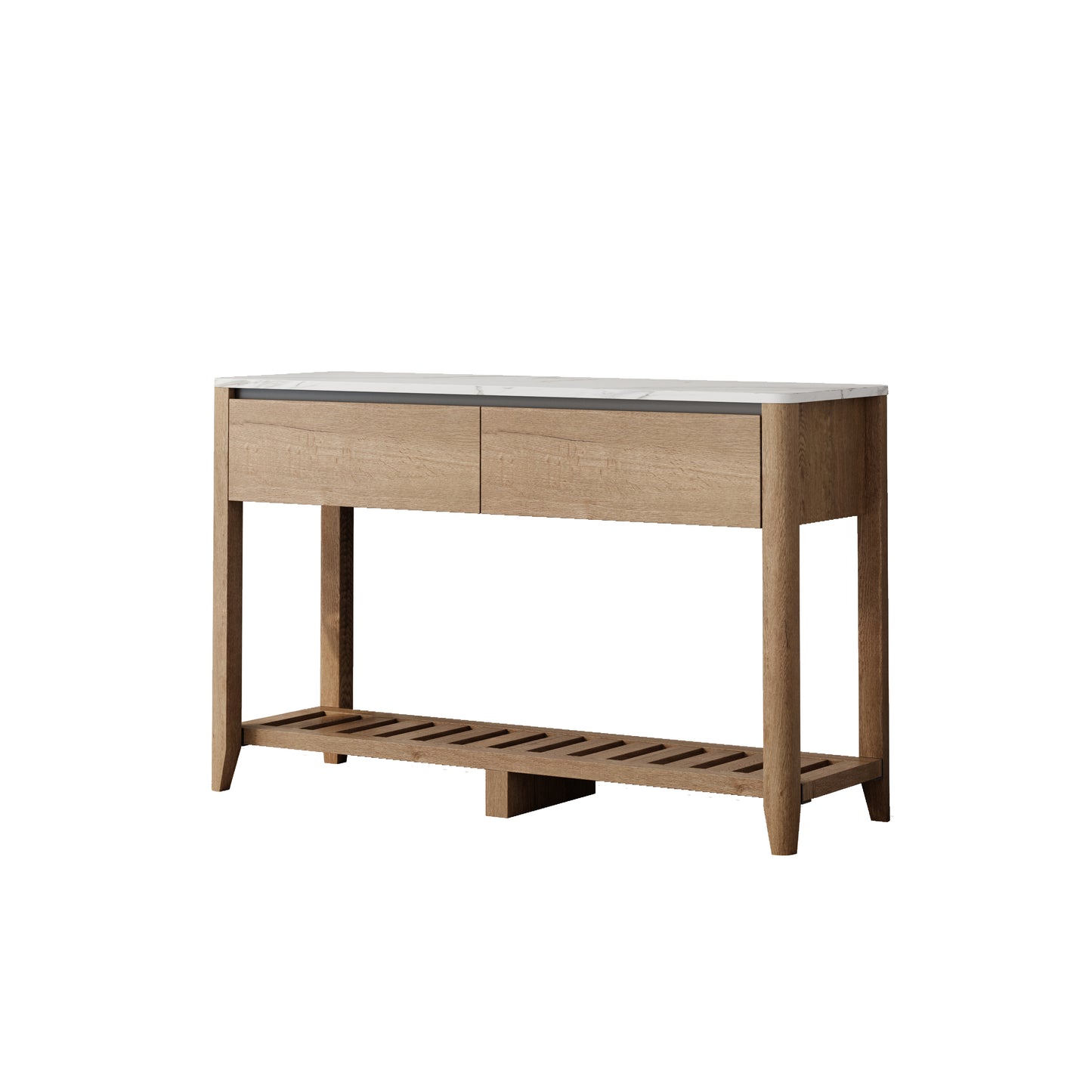 47 Inch Modern Farmhouse Double Drawers Console Table for Living Room or Entryway, Tobacco Wood and White Marble Texture