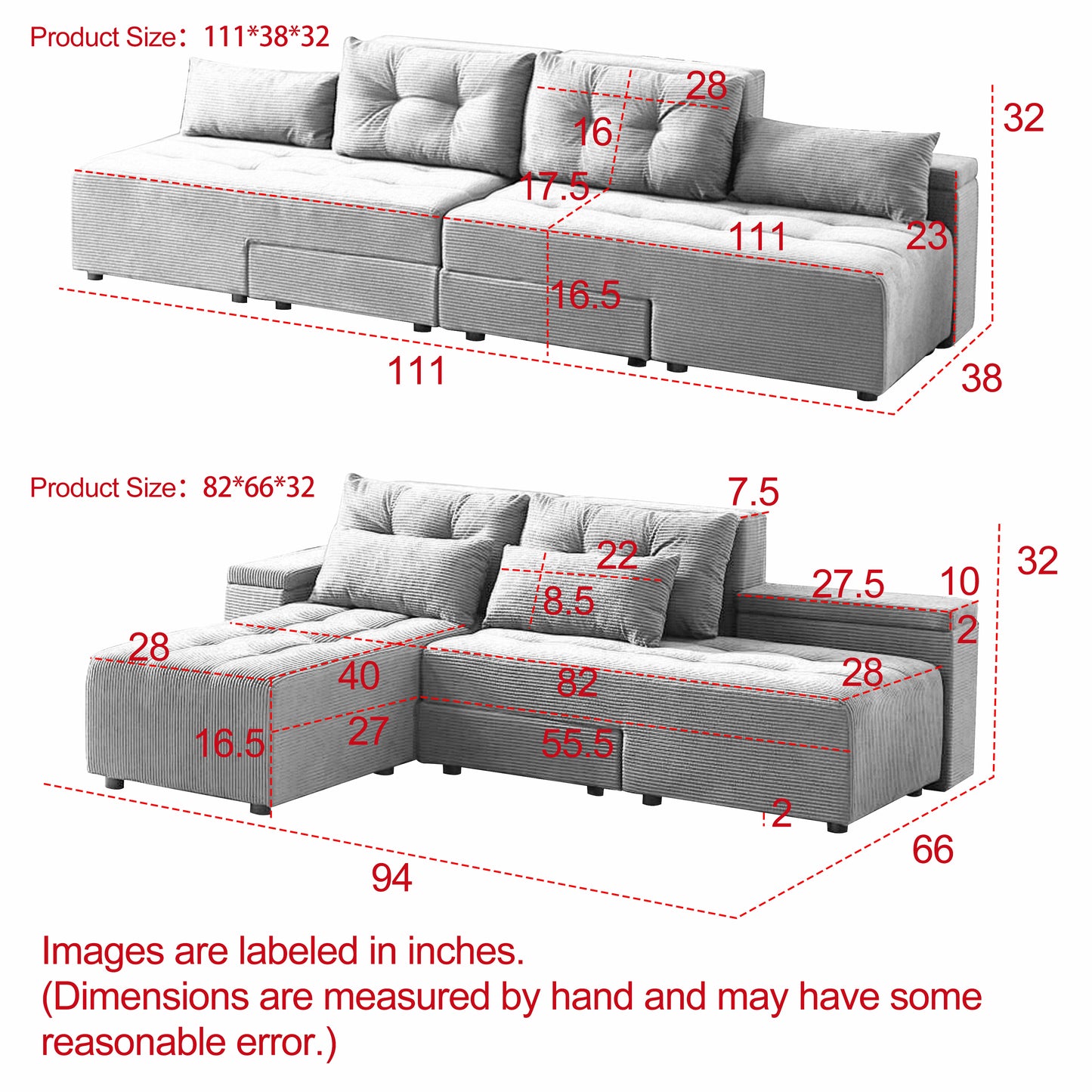 Convertible 3 in 1 Sleeper Sofa and Sectional Sofa with 4 Storage Space for Living Room,Corduroy Couch With 4 pillows,Corduroy