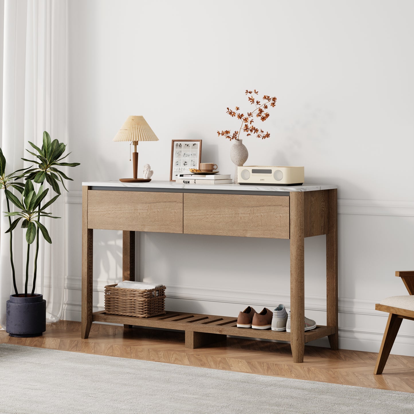 47 Inch Modern Farmhouse Double Drawers Console Table for Living Room or Entryway, Tobacco Wood and White Marble Texture