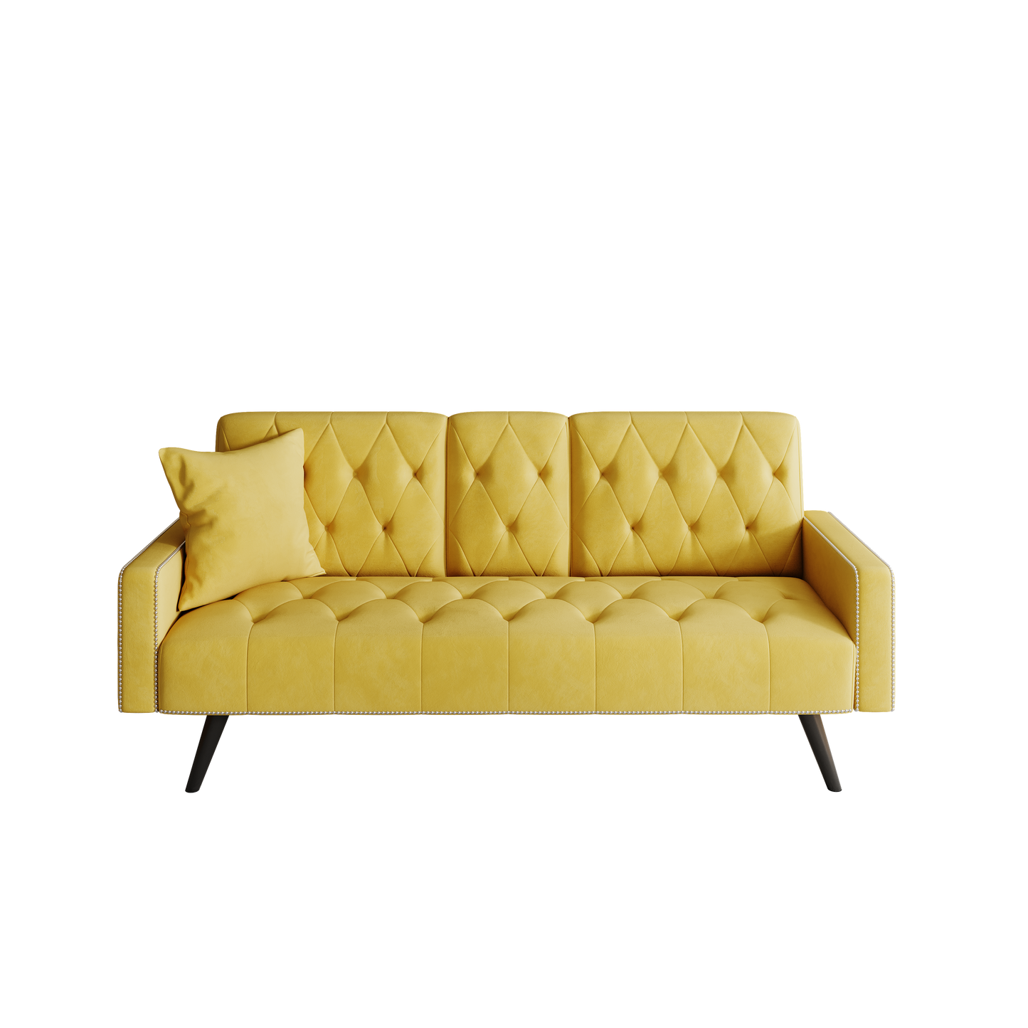 1730 Sofa Bed Armrest with Nail Head Trim with Two Cup Holders 72" Yellow Velvet Sofa for Small Spaces