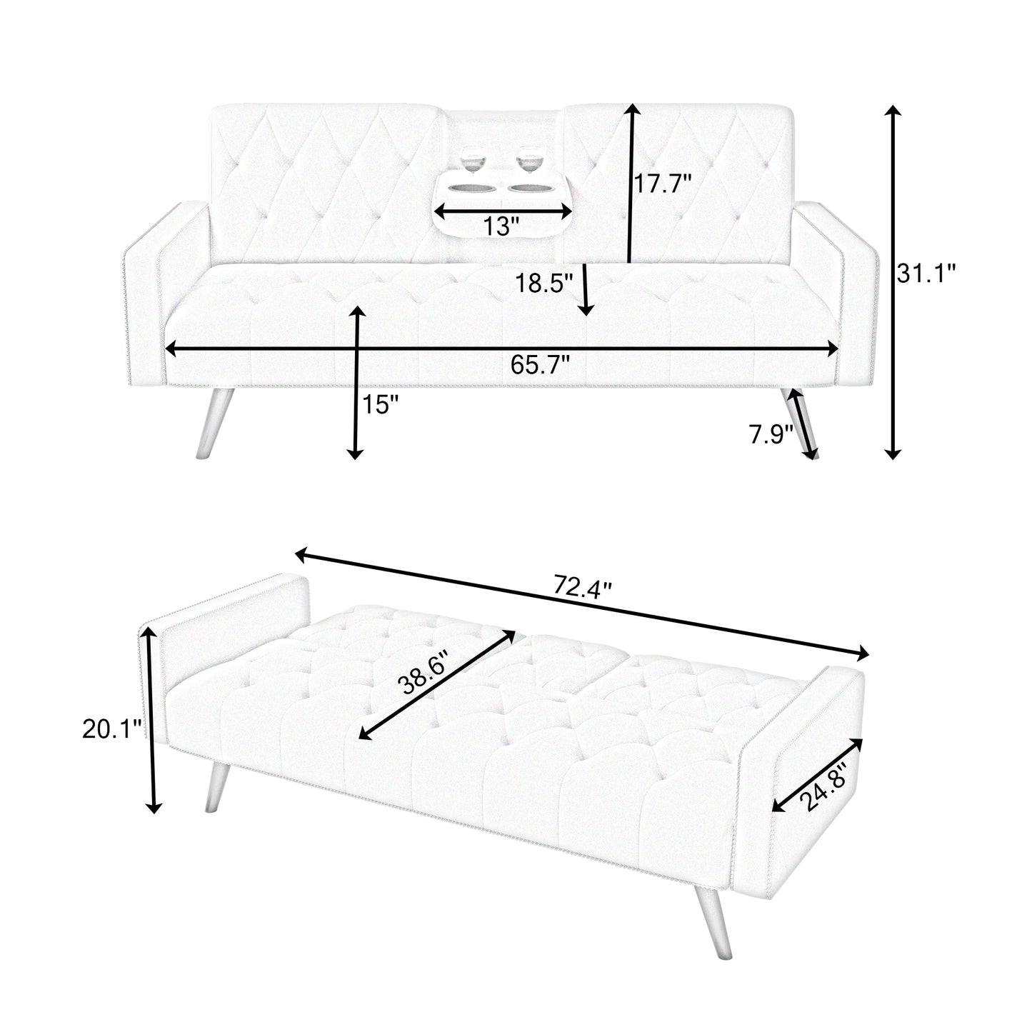 1730 Sofa Bed Armrest with Nail Head Trim with Two Cup Holders 72" Yellow Velvet Sofa for Small Spaces