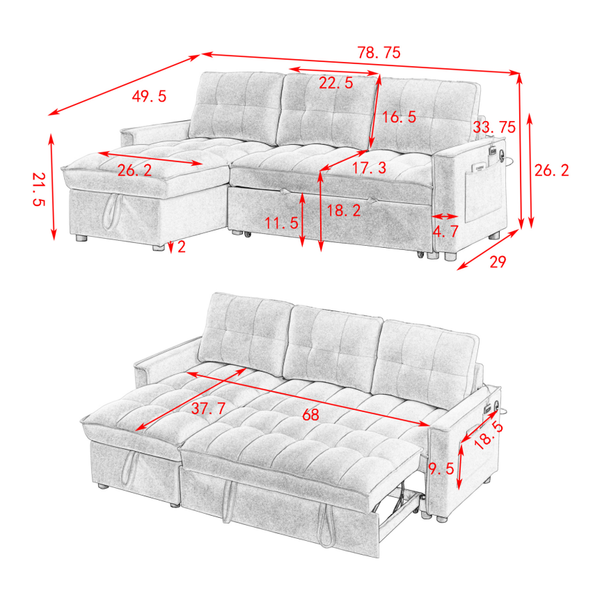 MH 78.75" Reclining Sofa, Pull-Out Sofa Bed with USB and tape-c charging ports, L-Shaped Sectional Sofa with Reclining Storage and Arm Side Organizer Pocket Features, Living Room Comfort Sofa