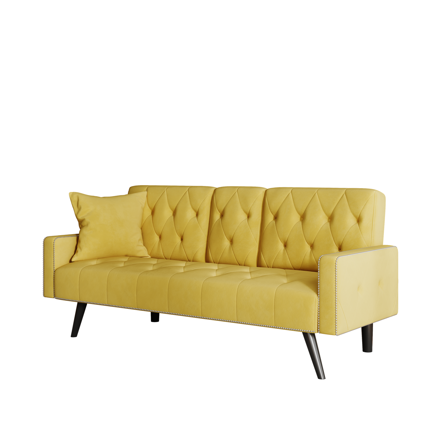 1730 Sofa Bed Armrest with Nail Head Trim with Two Cup Holders 72" Yellow Velvet Sofa for Small Spaces