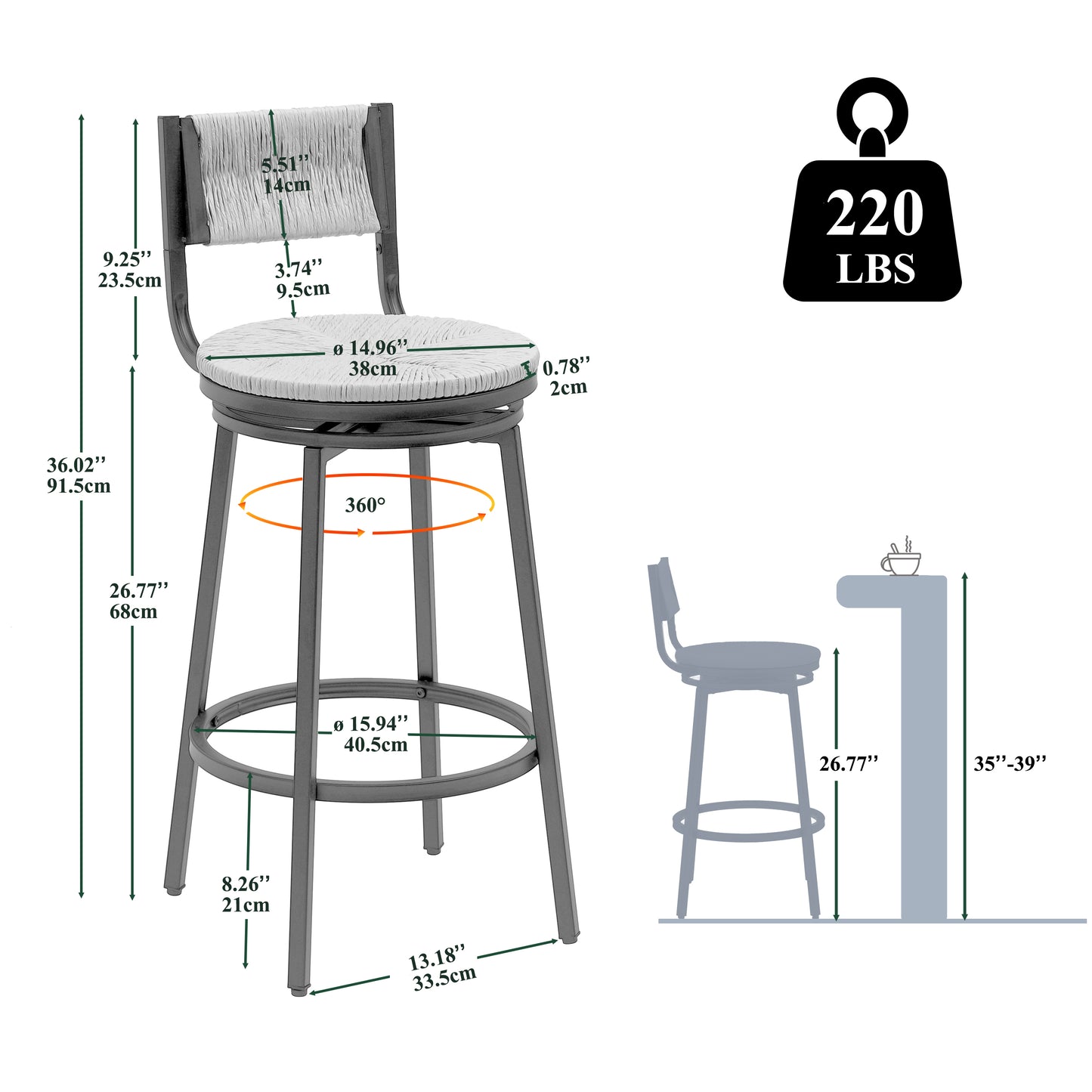 Gray Set of 2 Counter Height Bar Stools with Footrest Swivel Hand Weaving Dining Chairs Farmhouse Armless Kitchen Barstools (Gray)