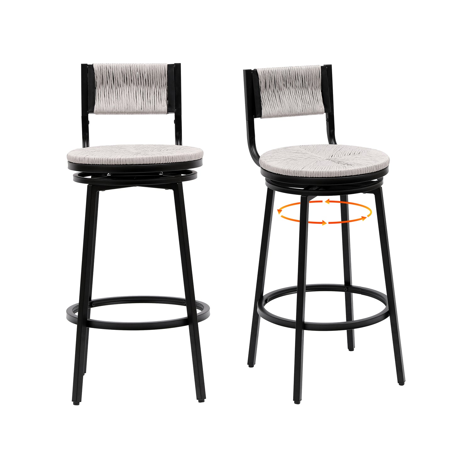 Gray Set of 2 Counter Height Bar Stools with Footrest Swivel Hand Weaving Dining Chairs Farmhouse Armless Kitchen Barstools (Gray)