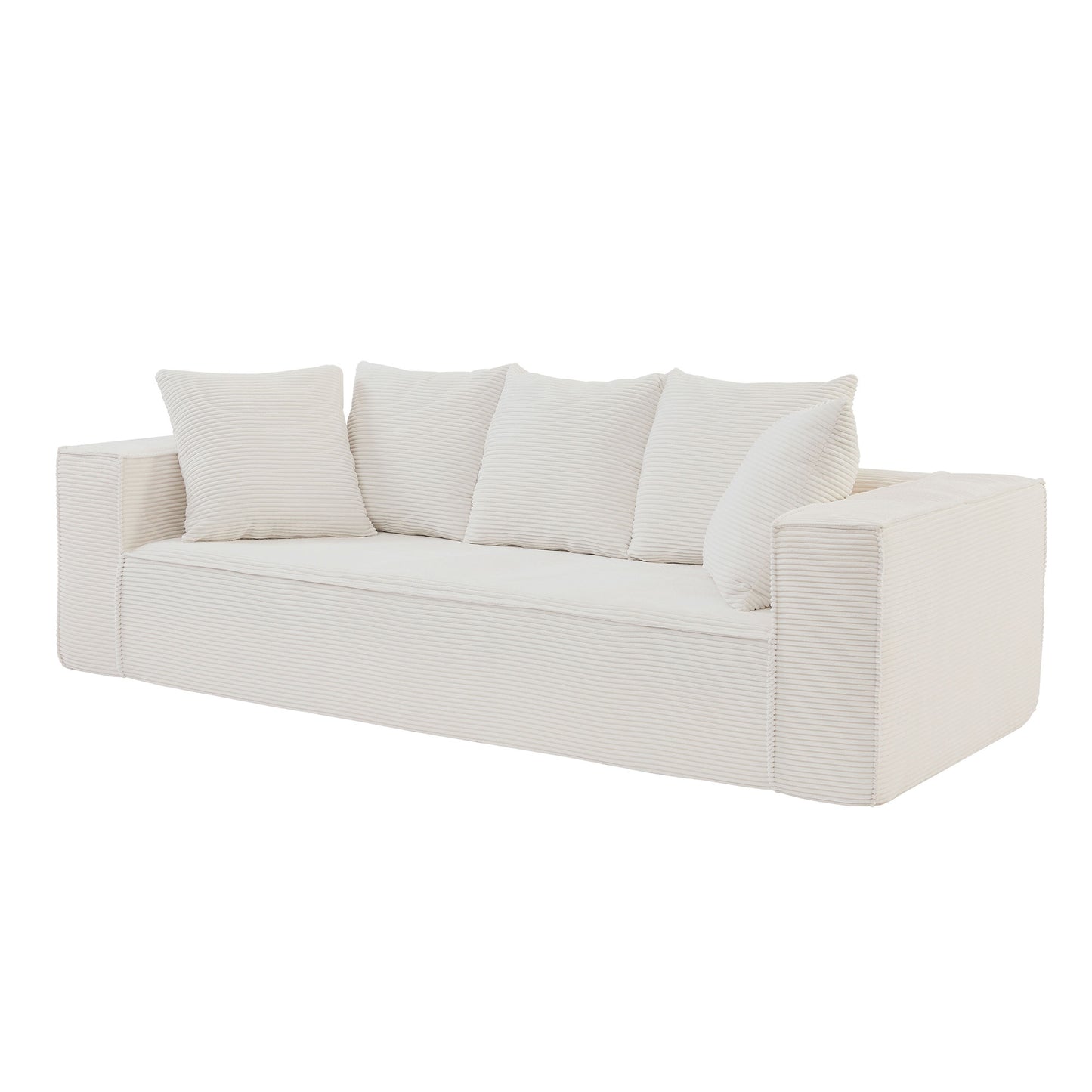 88.97inch Corduroy Sofa with 5 Matching Toss Pillows, Sleek Design, Spacious and Comfortable 3 Seater Couch for Modern Living Room.WHITE