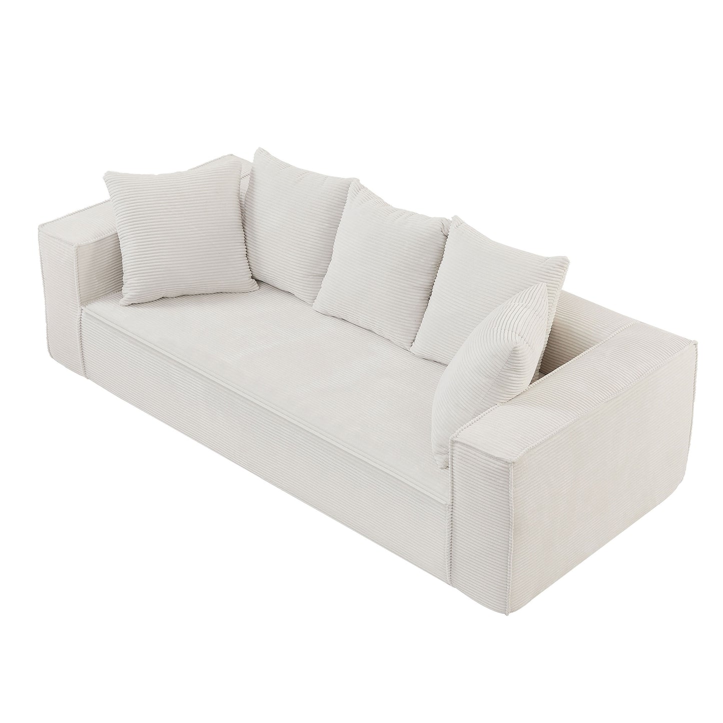 88.97inch Corduroy Sofa with 5 Matching Toss Pillows, Sleek Design, Spacious and Comfortable 3 Seater Couch for Modern Living Room.WHITE