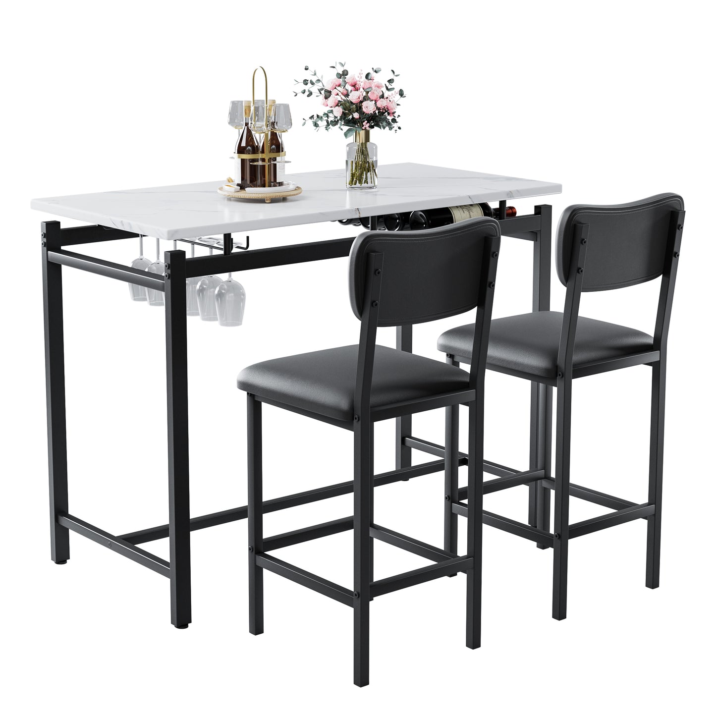 （ 10-8  10-15预计到货）Kitchen Table Set, Dining Table and Chairs for 2, 3 Piece Dining Room Table Set with 2 Upholstered Chairs, Bar Dining Table Set for Small Spaces, Apartment, Breakfast, Pub, Rustic Black