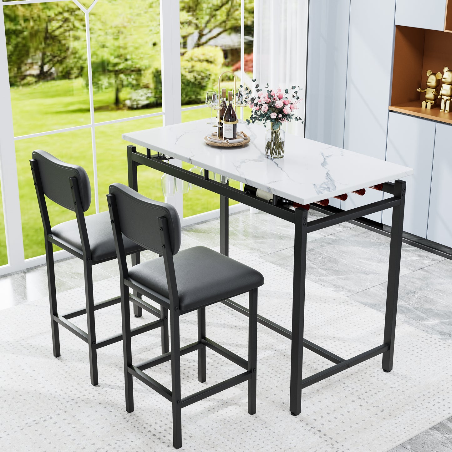 （ 10-8  10-15预计到货）Kitchen Table Set, Dining Table and Chairs for 2, 3 Piece Dining Room Table Set with 2 Upholstered Chairs, Bar Dining Table Set for Small Spaces, Apartment, Breakfast, Pub, Rustic Black