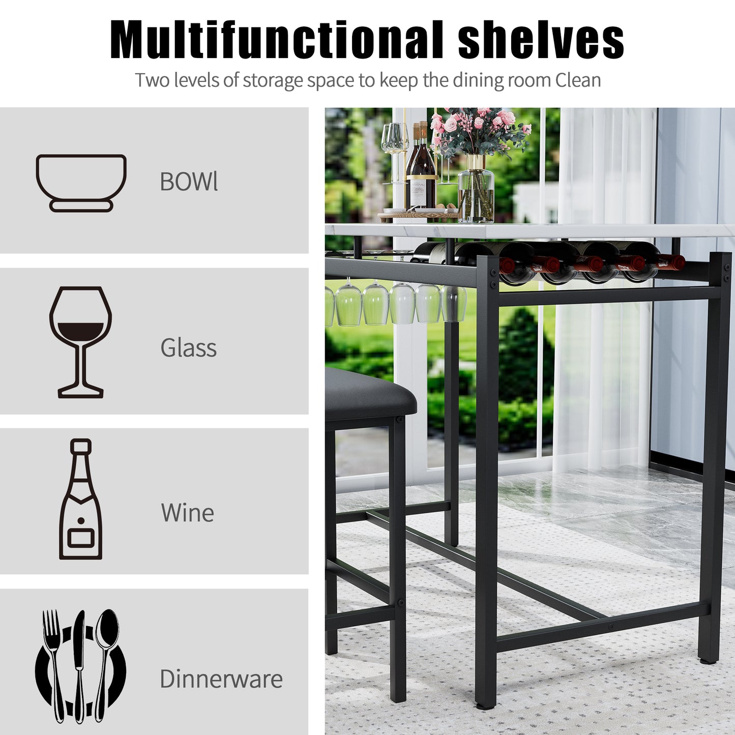 （ 10-8  10-15预计到货）Kitchen Table Set, Dining Table and Chairs for 2, 3 Piece Dining Room Table Set with 2 Upholstered Chairs, Bar Dining Table Set for Small Spaces, Apartment, Breakfast, Pub, Rustic Black