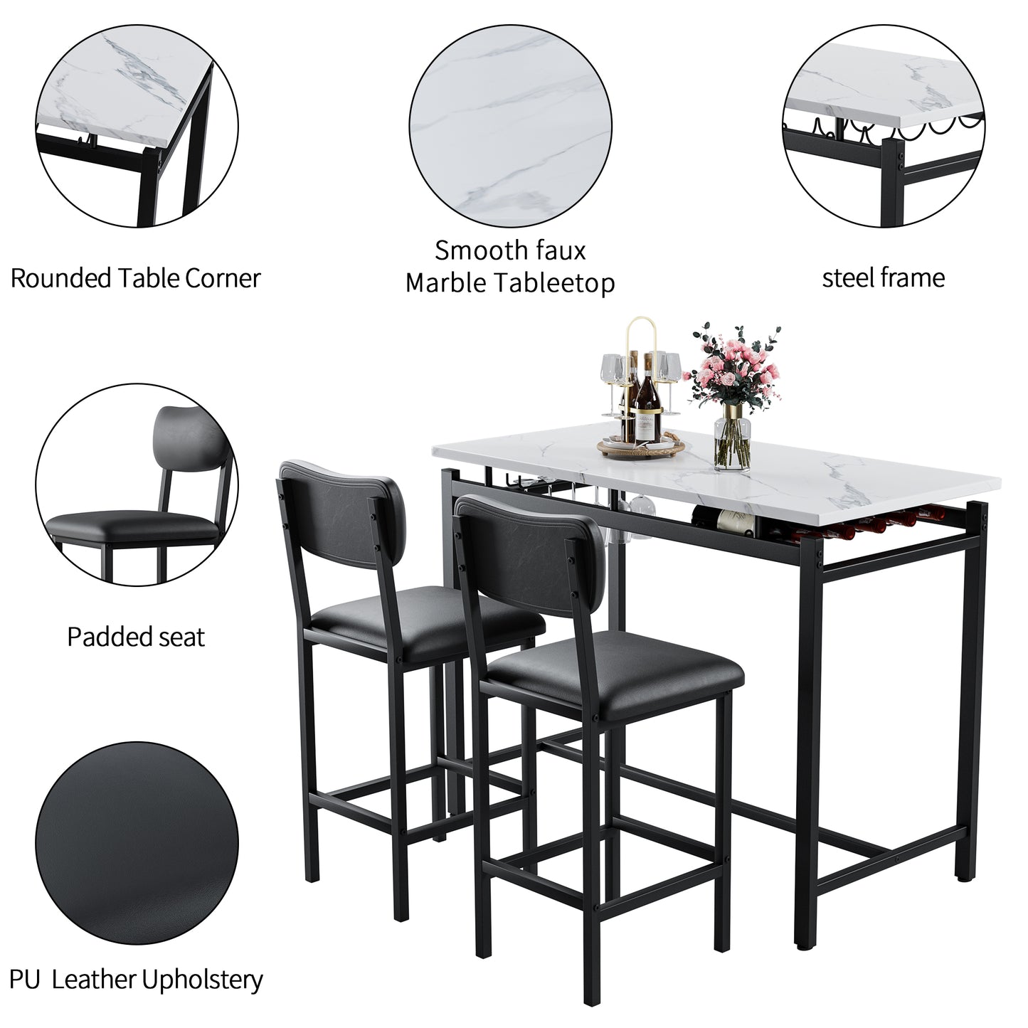 （ 10-8  10-15预计到货）Kitchen Table Set, Dining Table and Chairs for 2, 3 Piece Dining Room Table Set with 2 Upholstered Chairs, Bar Dining Table Set for Small Spaces, Apartment, Breakfast, Pub, Rustic Black