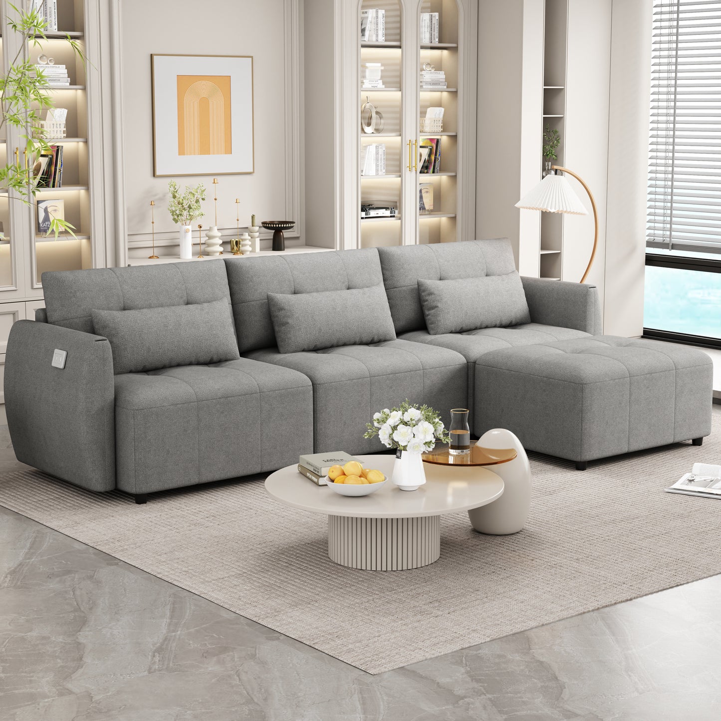 113.3" Convertible Sectional Sofa Couch 3-Seat L-Shaped Sofa with Movable Ottoman and USB for Apartment, Living Room, Bedroom, Grey