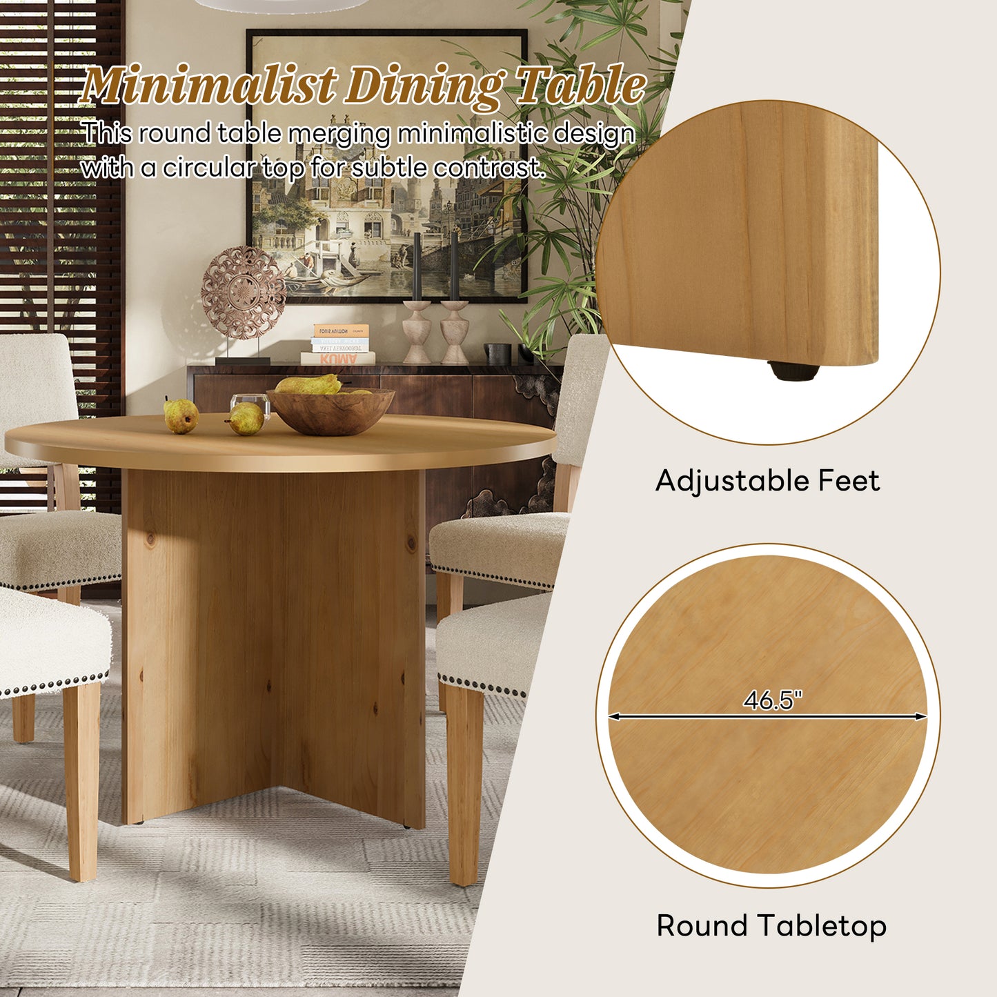 TOPMAX Modern 5-Piece Round Dining Table Set Pedestal Kitchen Table Set with 4 Upholstered Dining Chairs for Studio, Apartment, Small Places, Natural