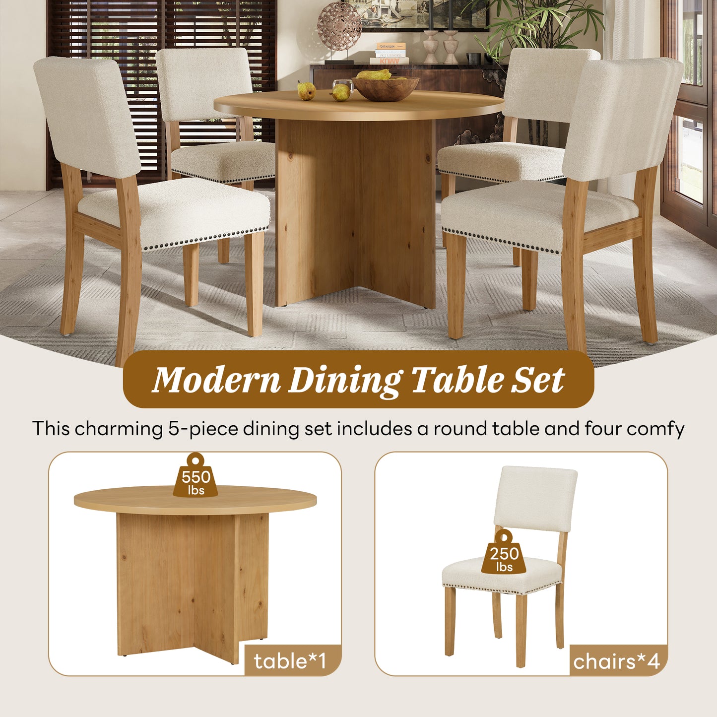 TOPMAX Modern 5-Piece Round Dining Table Set Pedestal Kitchen Table Set with 4 Upholstered Dining Chairs for Studio, Apartment, Small Places, Natural