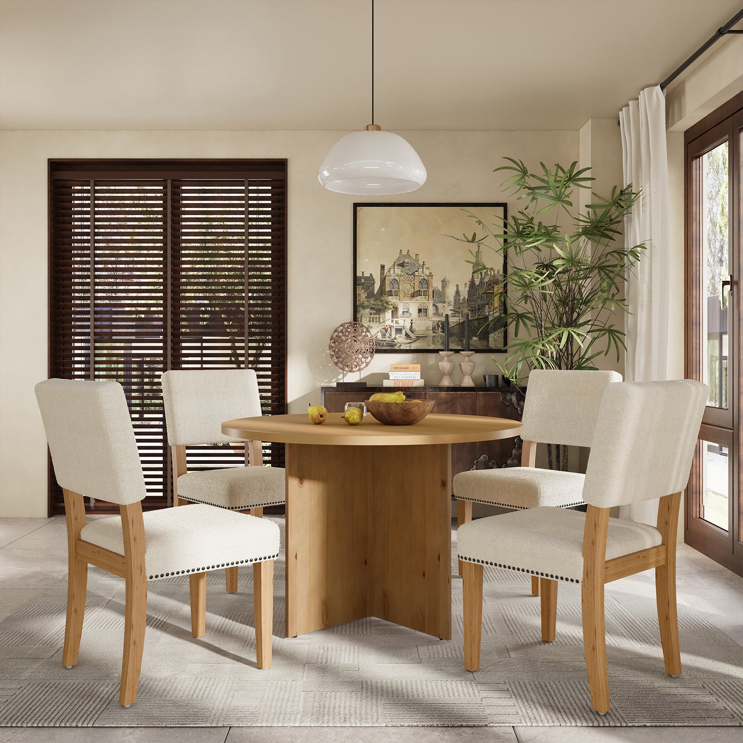 TOPMAX Modern 5-Piece Round Dining Table Set Pedestal Kitchen Table Set with 4 Upholstered Dining Chairs for Studio, Apartment, Small Places, Natural