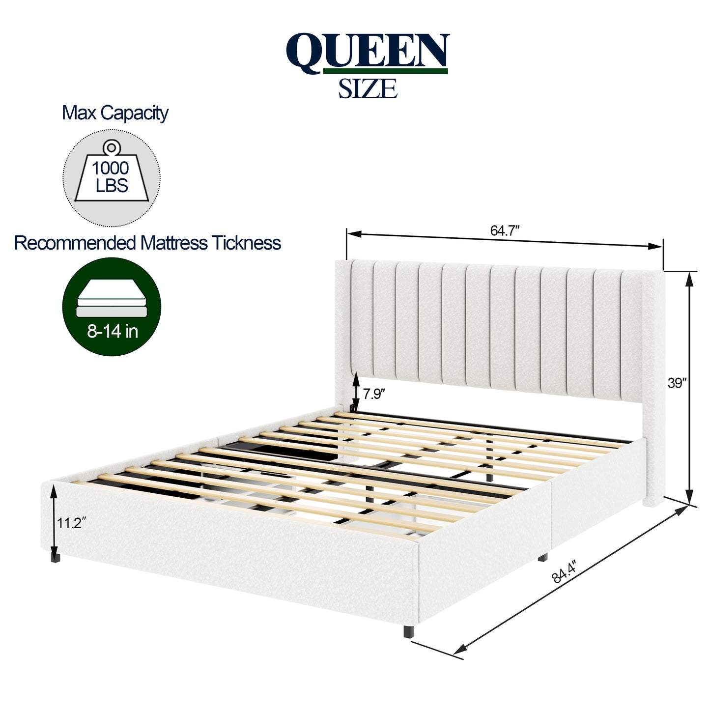 Anda Patented 2-Drawers Storage Bed Queen Size Ivory Boucle Upholstered Platform Bed, Tufted Headboard, Wooden Slat Mattress Support, No Box Spring Needed