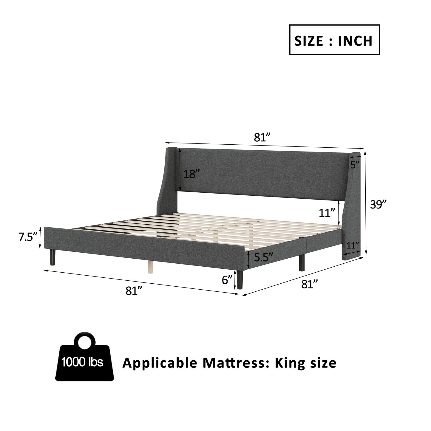 （缺货）King Size Bed Frame Upholstered Bed Frame Platform ,Non-adjustable Headboard Linen Fabric Headboard Wooden Slats Support/No Box Spring Needed/Easy Assembly/Mattress Foundation, Drak gray