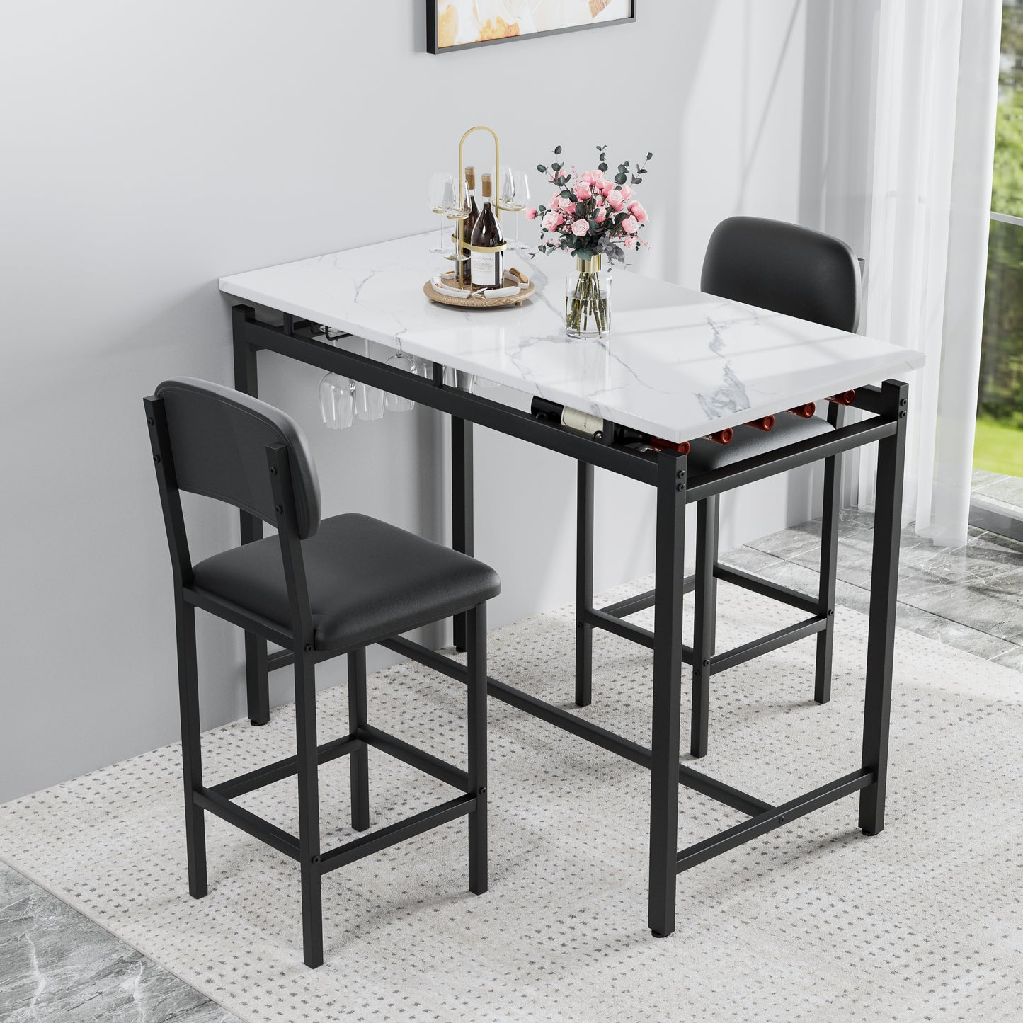 （ 10-8  10-15预计到货）Kitchen Table Set, Dining Table and Chairs for 2, 3 Piece Dining Room Table Set with 2 Upholstered Chairs, Bar Dining Table Set for Small Spaces, Apartment, Breakfast, Pub, Rustic Black