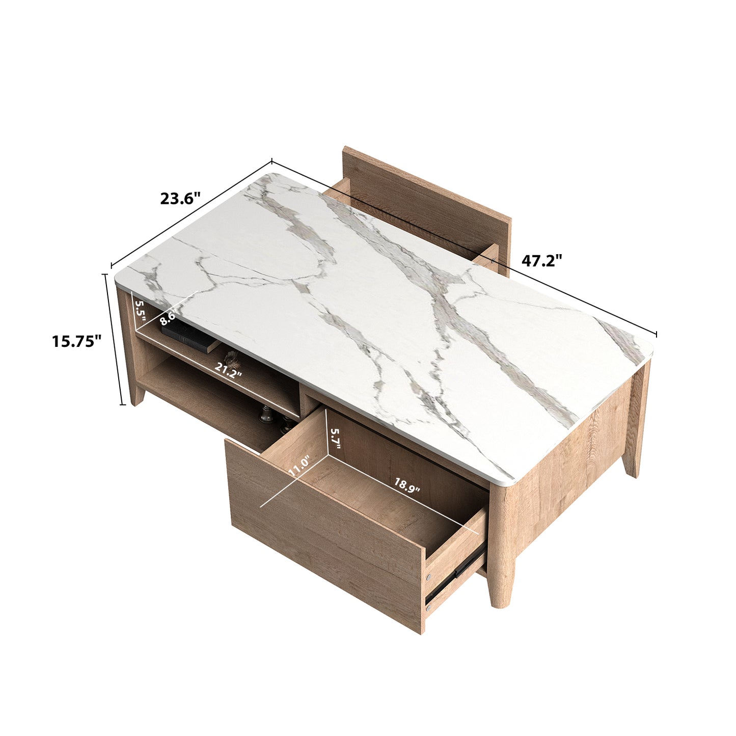 47 Inch Modern Farmhouse Double Drawer Coffee Table for Living Room or Office , Tobacco Wood and White Marble