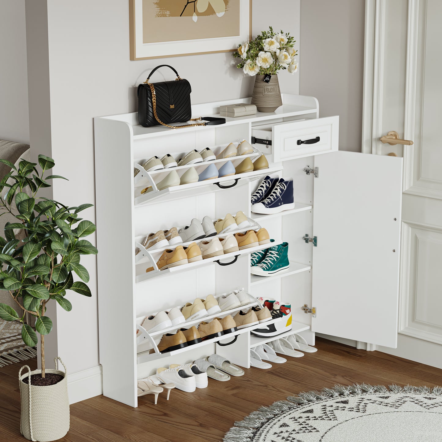 White color shoe cabinet with 4 doors 1 drawers,PVC door with shape ,large space for storage