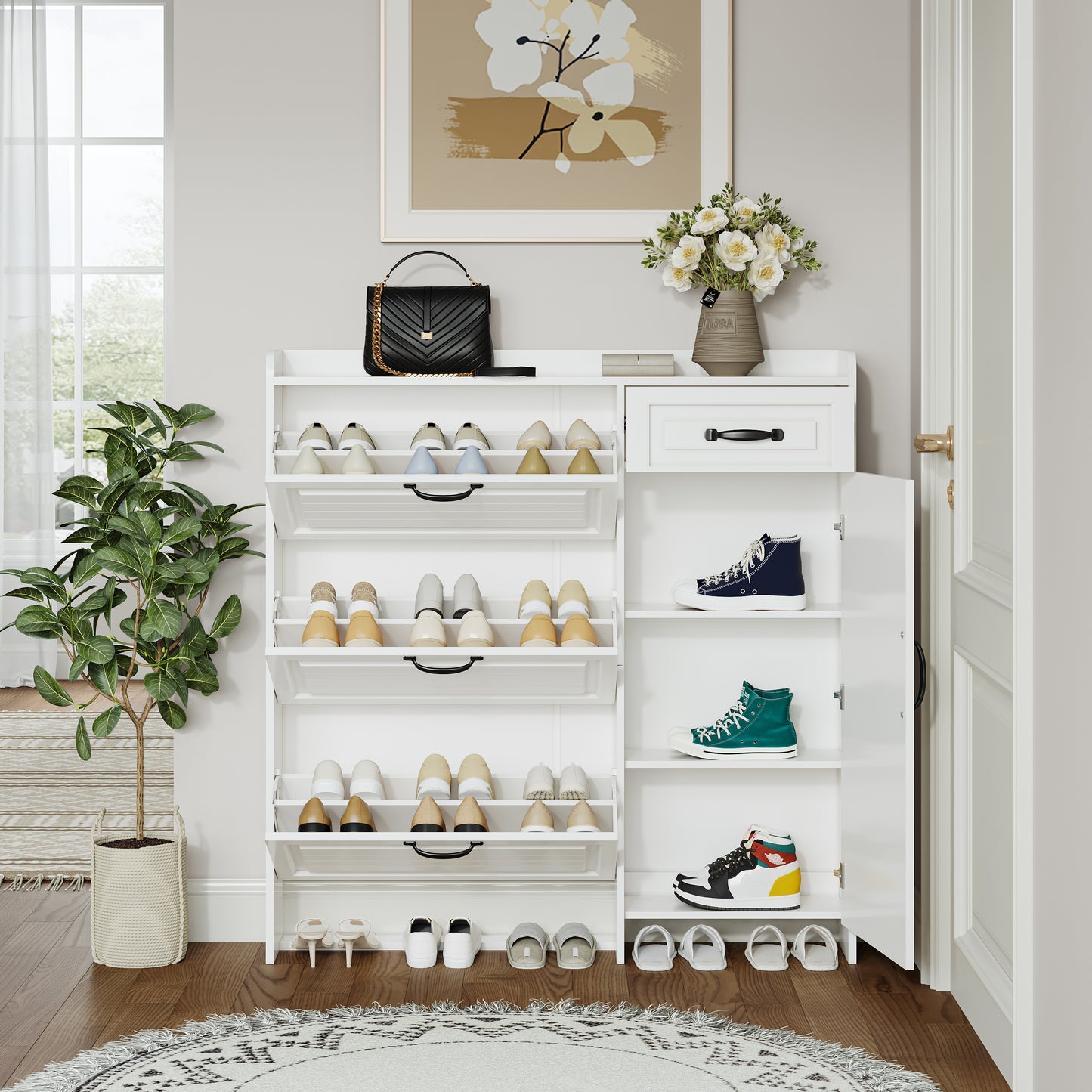 White color shoe cabinet with 4 doors 1 drawers,PVC door with shape ,large space for storage