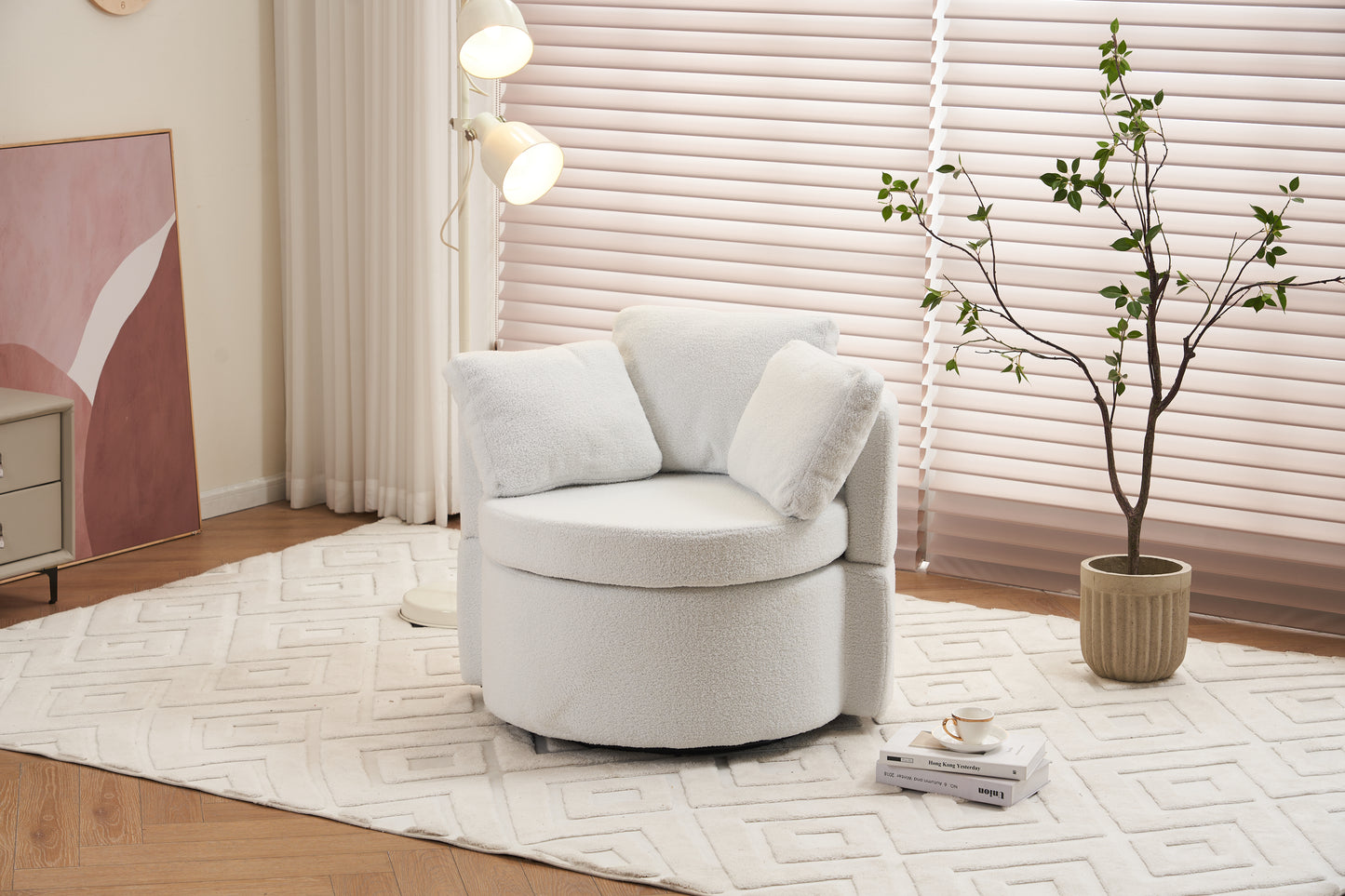 029-Teddy Fabric Swivel And Storage Chair With Back Cushion For Living Room,Ivory