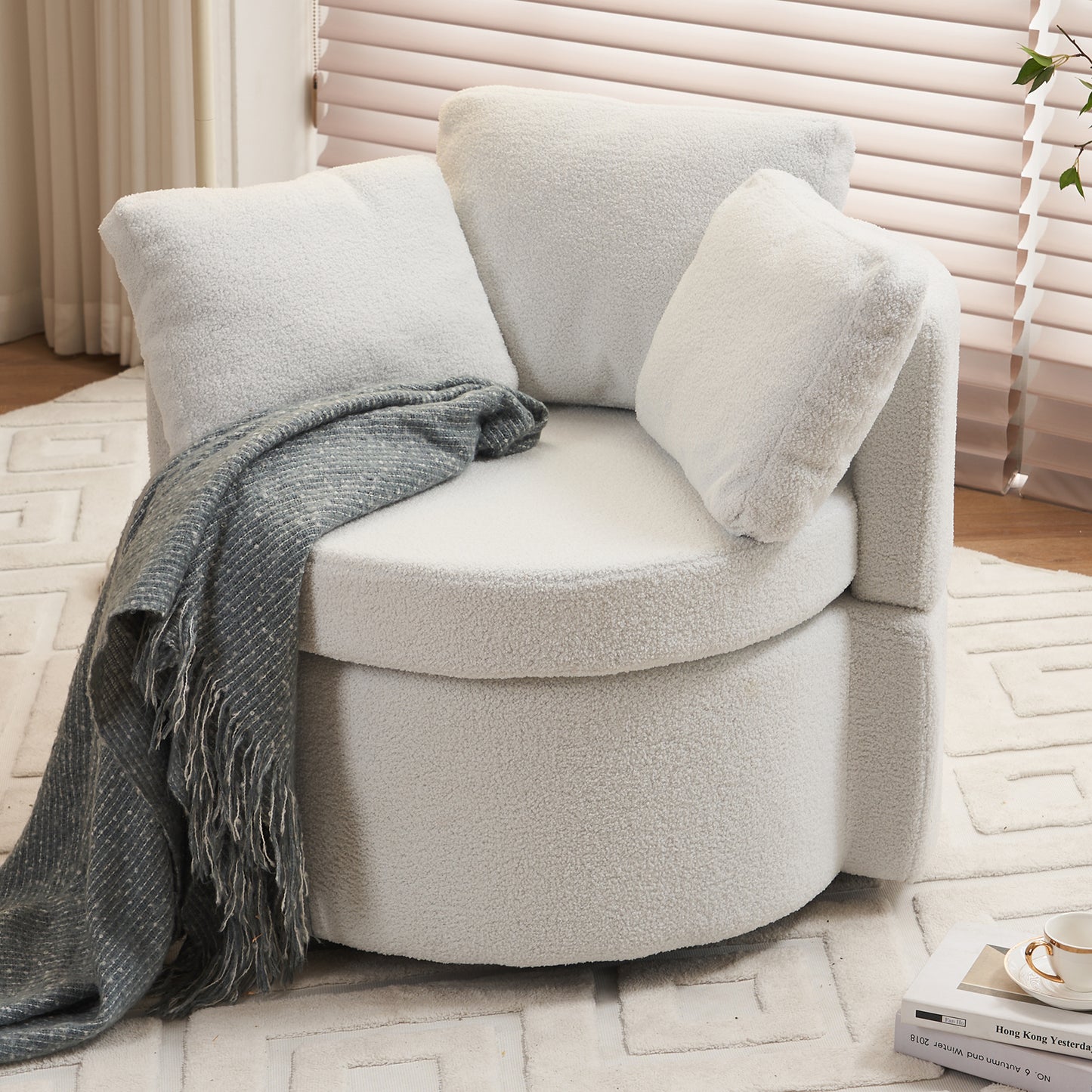 029-Teddy Fabric Swivel And Storage Chair With Back Cushion For Living Room,Ivory