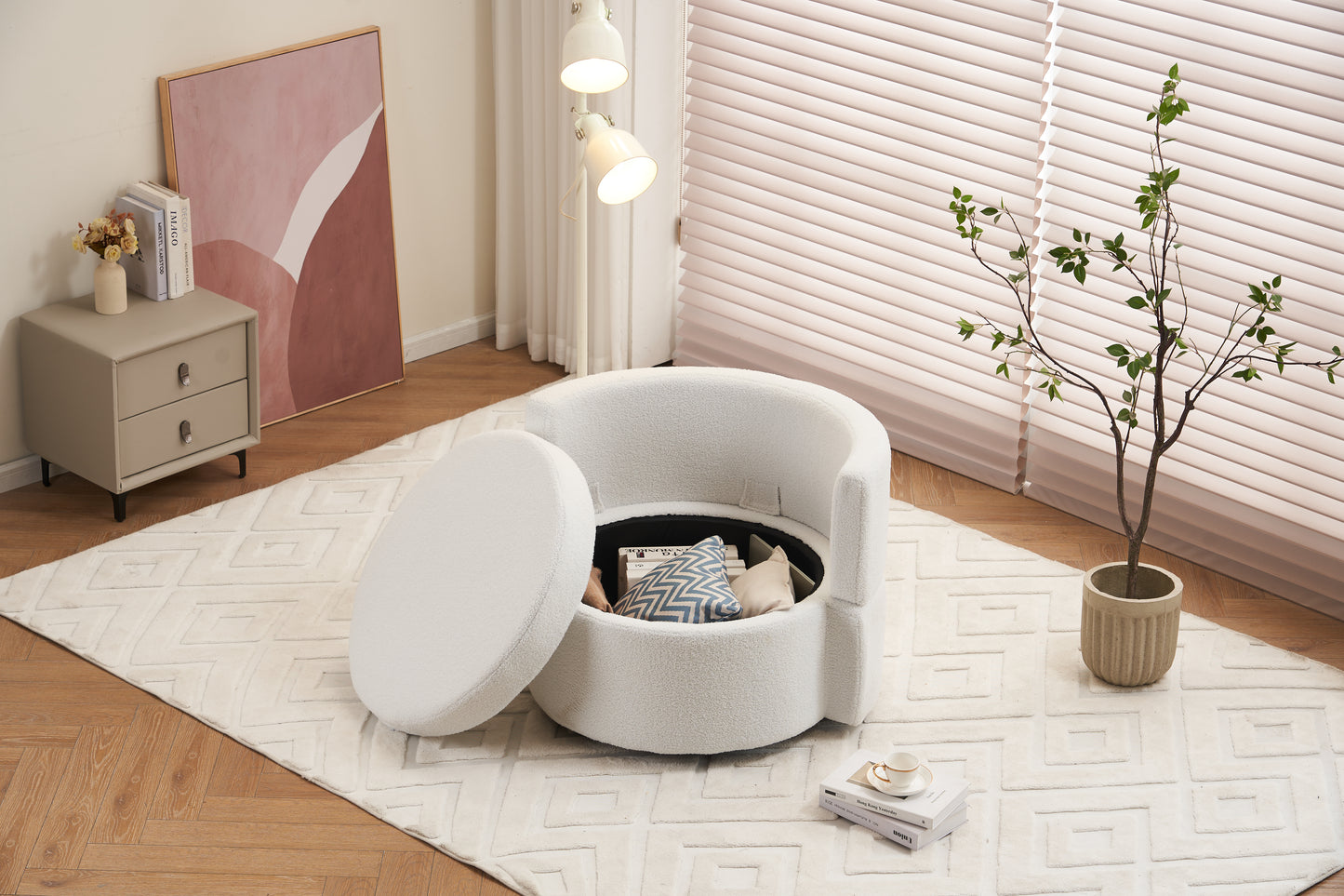 029-Teddy Fabric Swivel And Storage Chair With Back Cushion For Living Room,Ivory