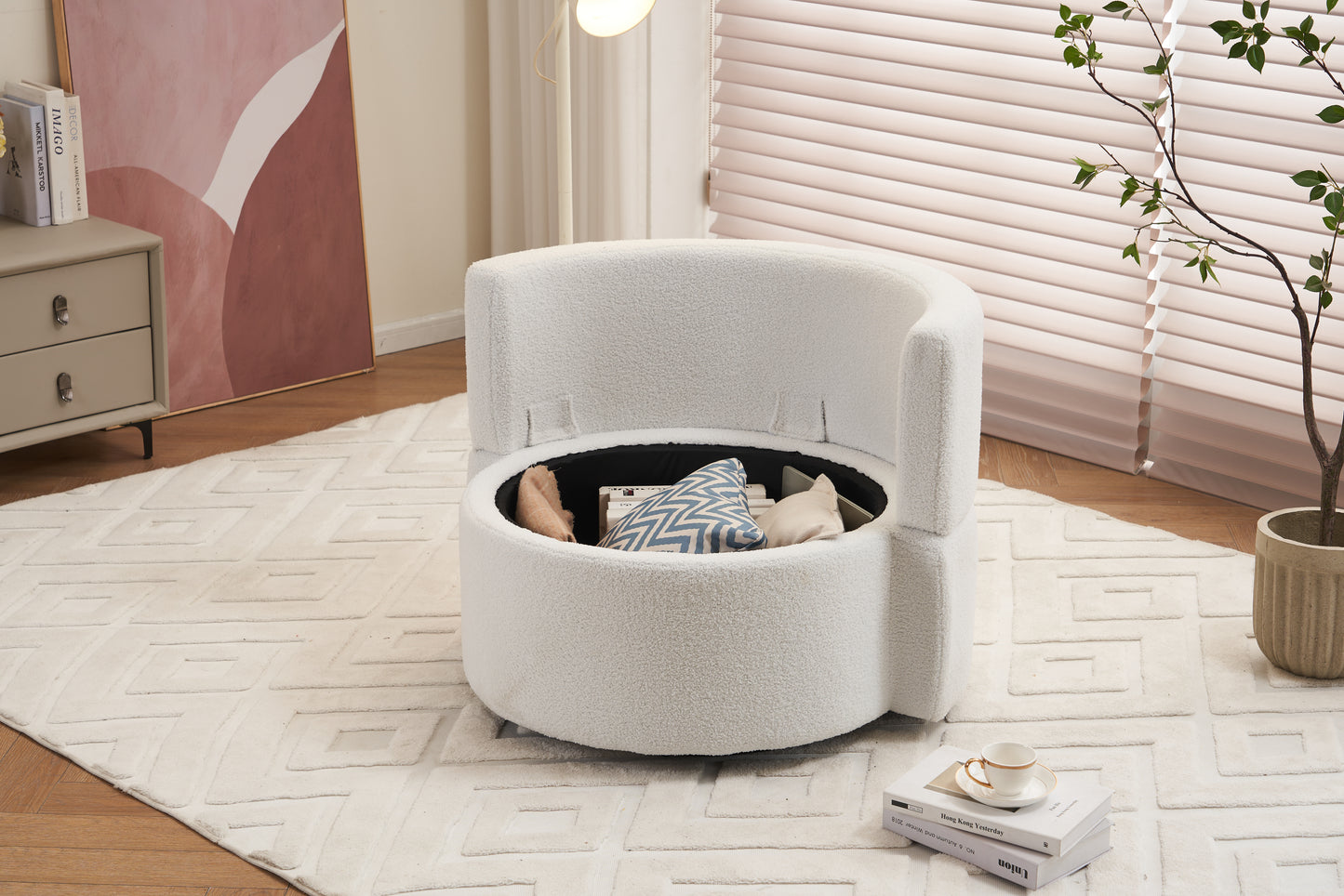 029-Teddy Fabric Swivel And Storage Chair With Back Cushion For Living Room,Ivory