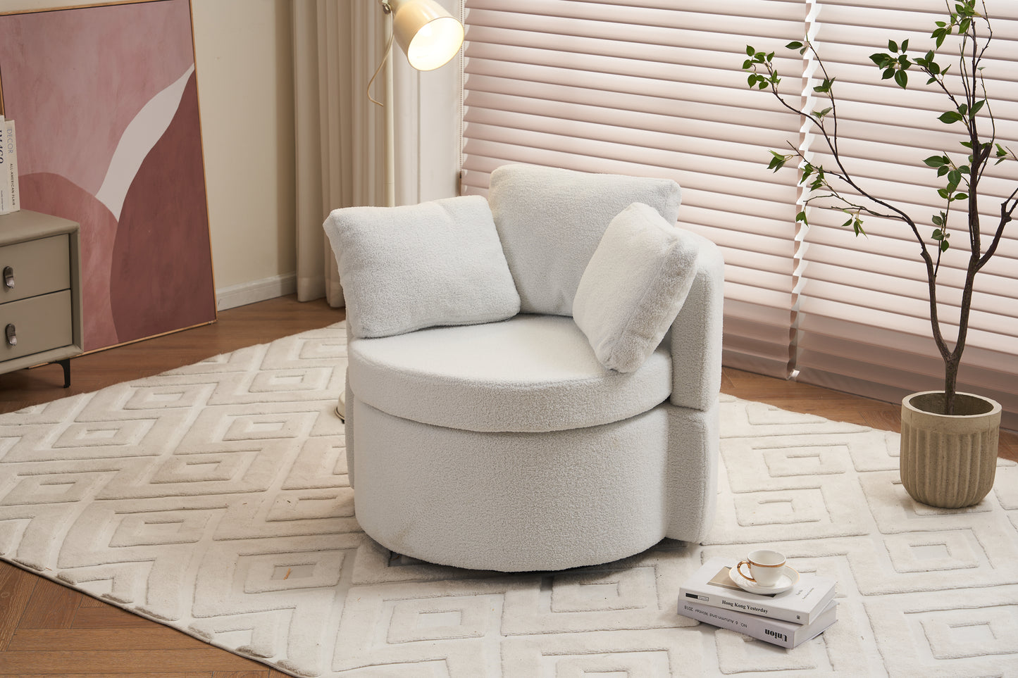 029-Teddy Fabric Swivel And Storage Chair With Back Cushion For Living Room,Ivory