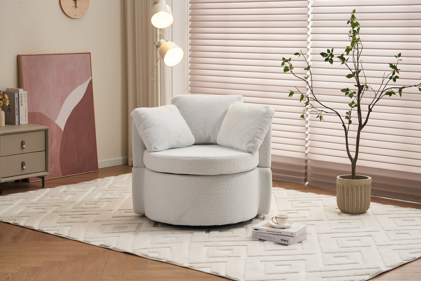 029-Teddy Fabric Swivel And Storage Chair With Back Cushion For Living Room,Ivory