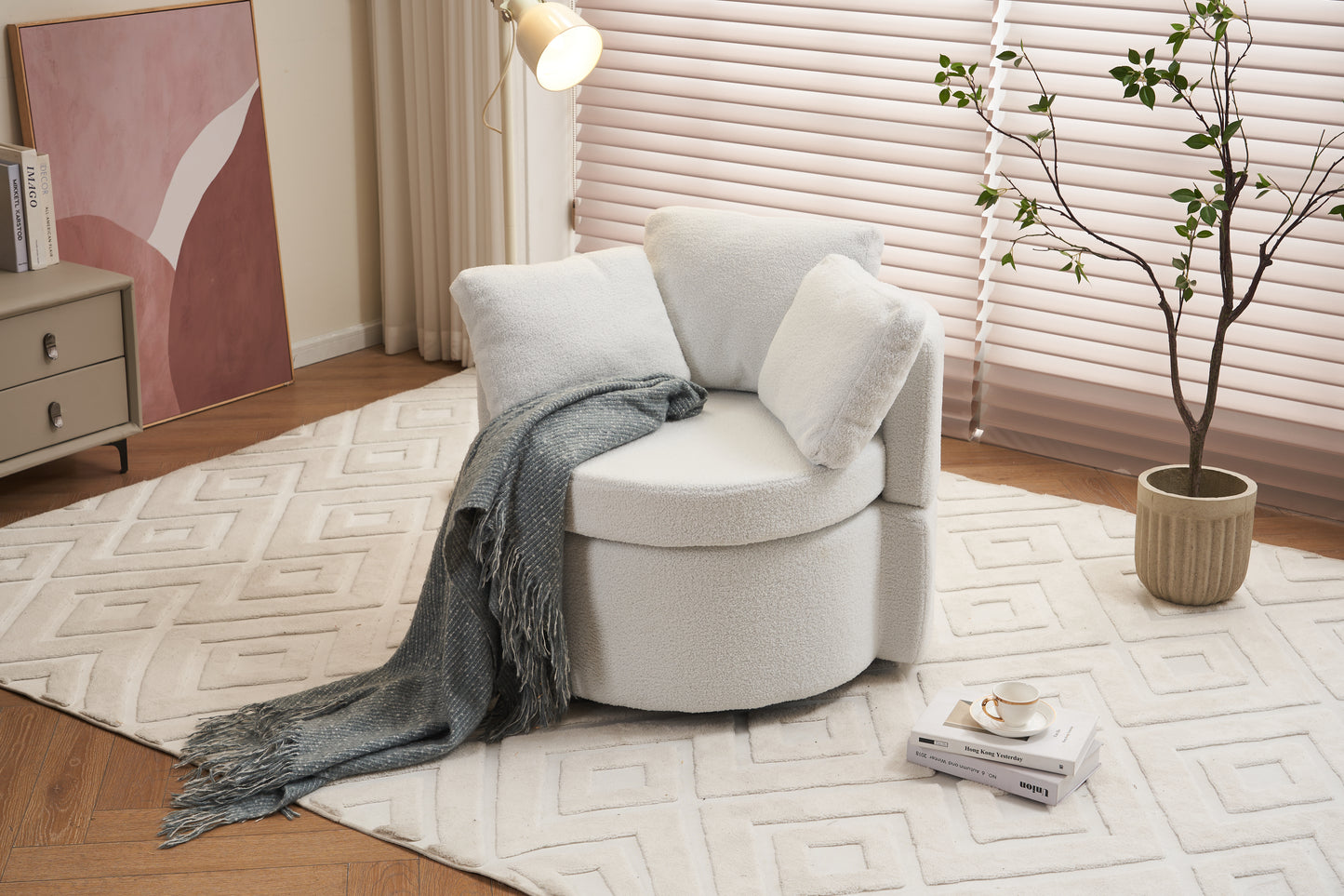 029-Teddy Fabric Swivel And Storage Chair With Back Cushion For Living Room,Ivory