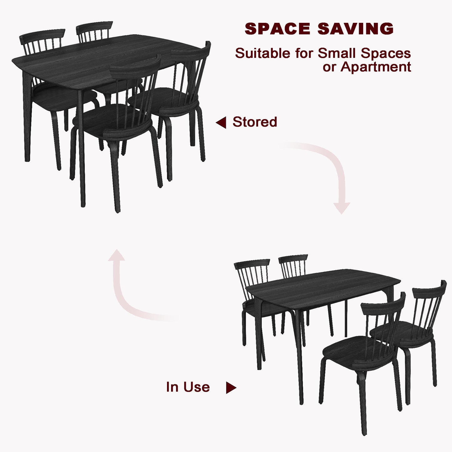 Solid Wood Dining Table With 4 Solid Wood Slat Back Windsor Chair, More comfortable and spacious matching use, Black