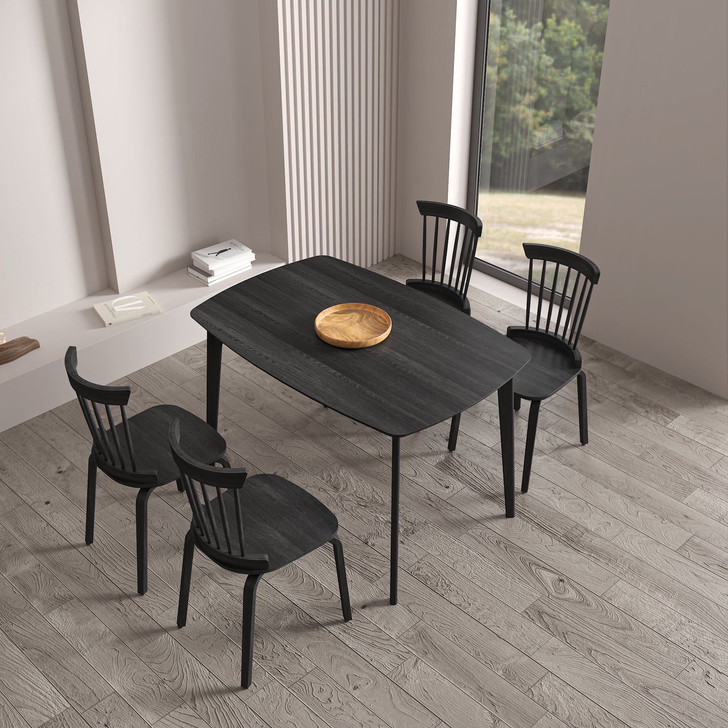 Solid Wood Dining Table With 4 Solid Wood Slat Back Windsor Chair, More comfortable and spacious matching use, Black