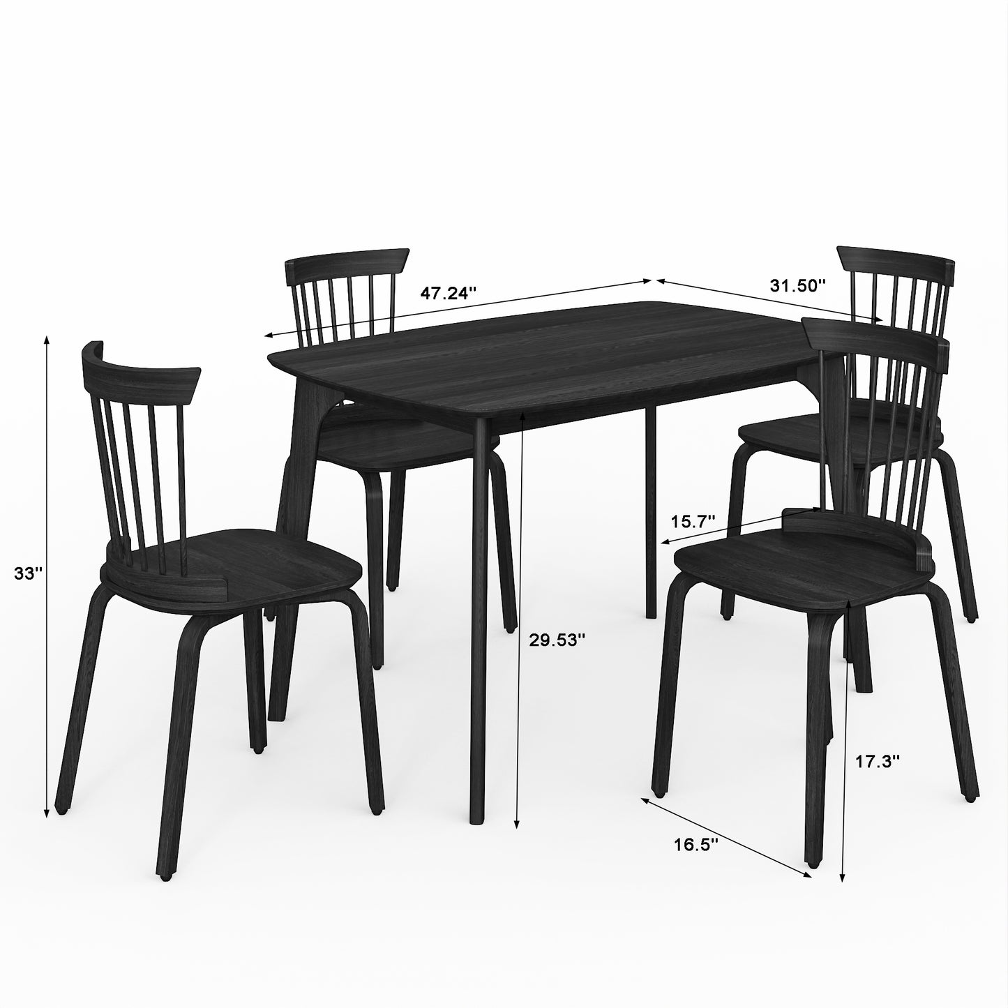 Solid Wood Dining Table With 4 Solid Wood Slat Back Windsor Chair, More comfortable and spacious matching use, Black