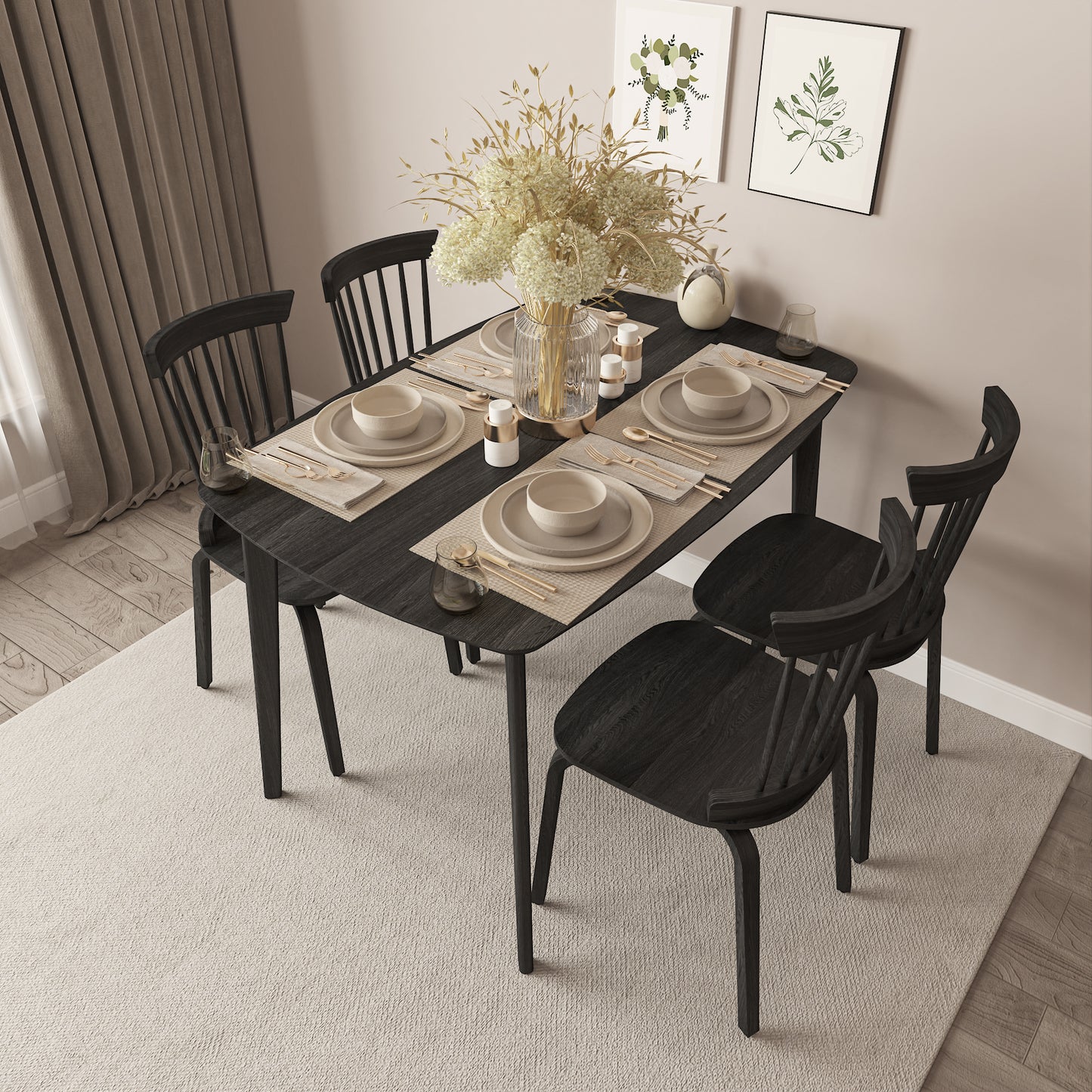 Solid Wood Dining Table With 4 Solid Wood Slat Back Windsor Chair, More comfortable and spacious matching use, Black