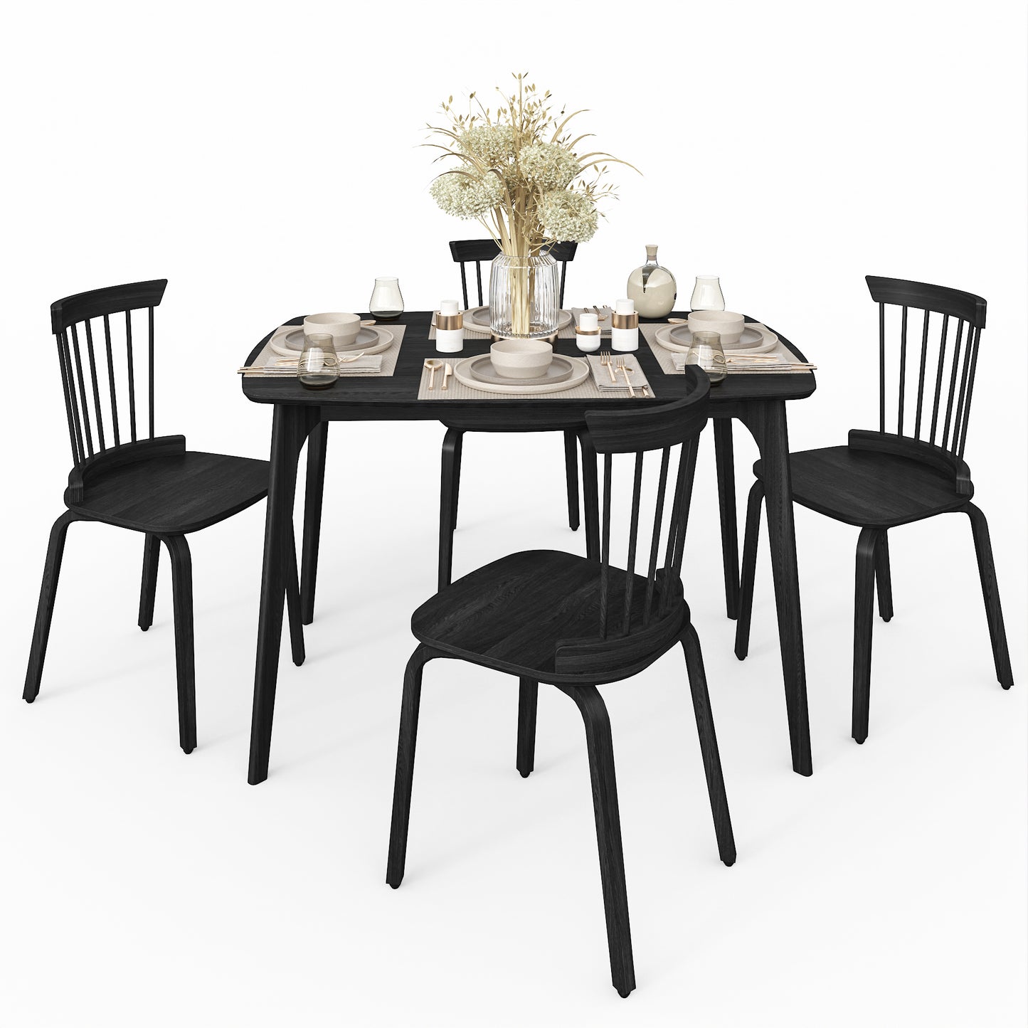 Solid Wood Dining Table With 4 Solid Wood Slat Back Windsor Chair, More comfortable and spacious matching use, Black