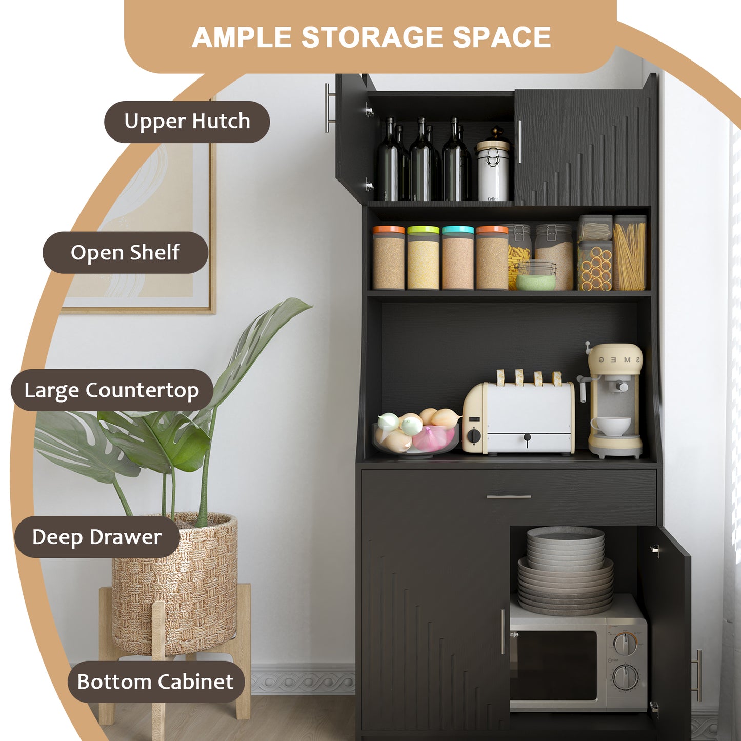 71" Kitchen Storage Cabinet with Charging Station,with 2 Outlets & 1USB 1Type-C Ports,Pantry with 2 Cabinet ,1 large storage drawer& 1 Large Countertop