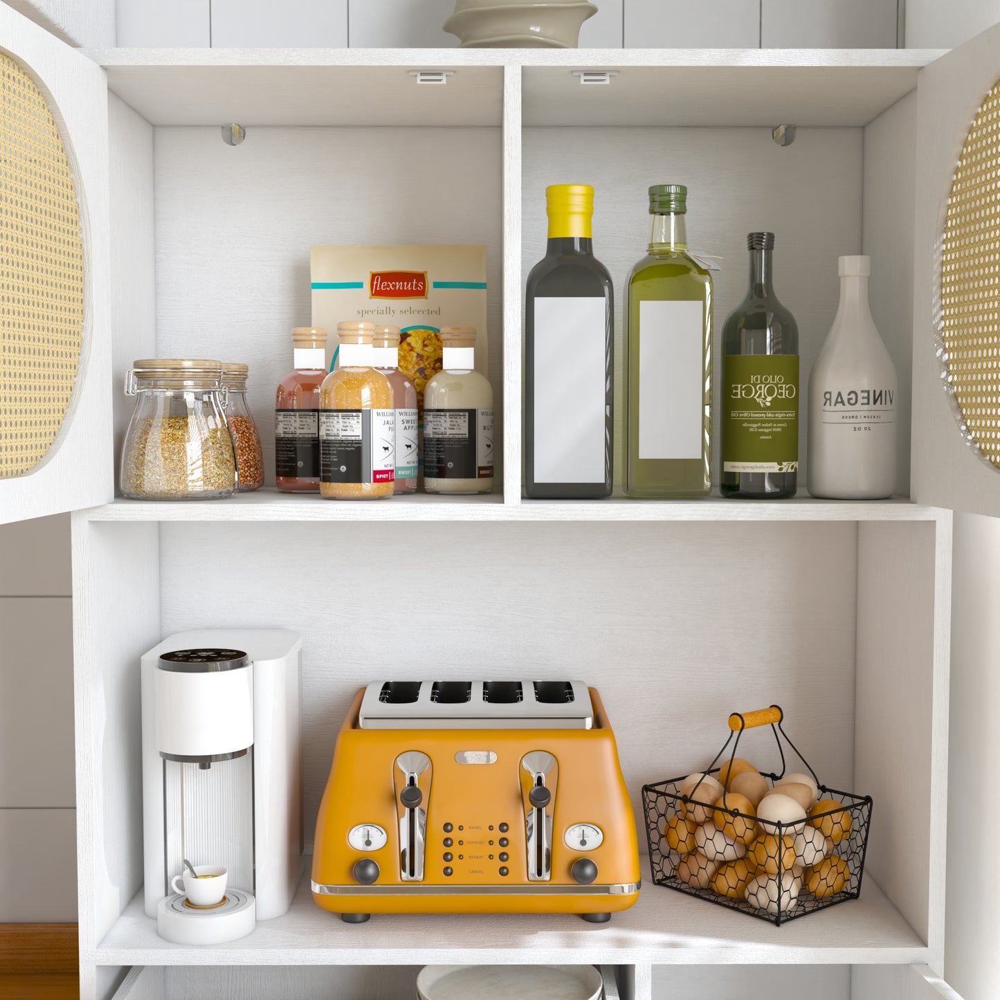 Storage Cabinet with Rattan Doors, Tall Freestanding Hutch Cabinet with Power Outlet,4 cabinet door and 4 Drawers& 1 Large Countertop, Buffet Drawer Cabinet door design