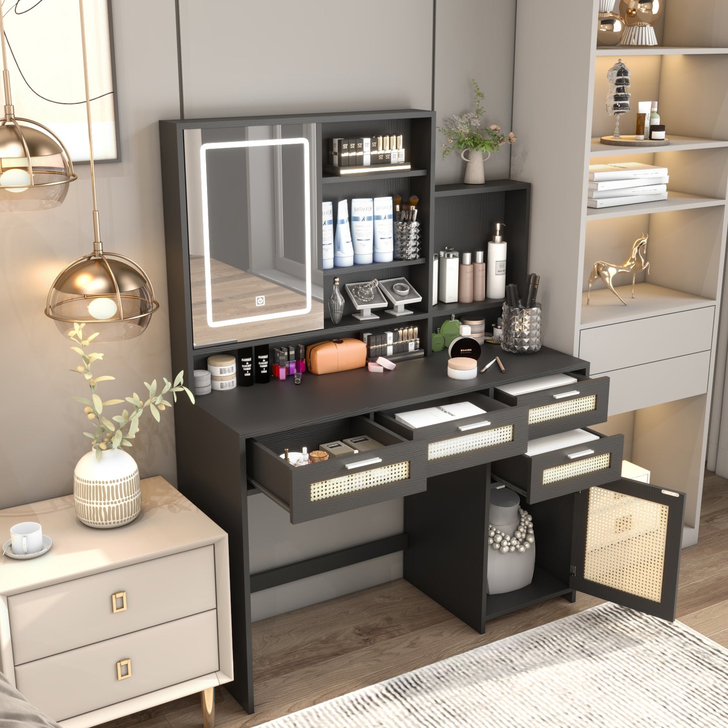 Makeup Vanity with Lights in 3 Colors & Openable Mirror, Vanity Desk with 4 Drawers & 1 Cabinets & Shelves, Vanity Table Rattan Vanity Dresser, for Bedroom