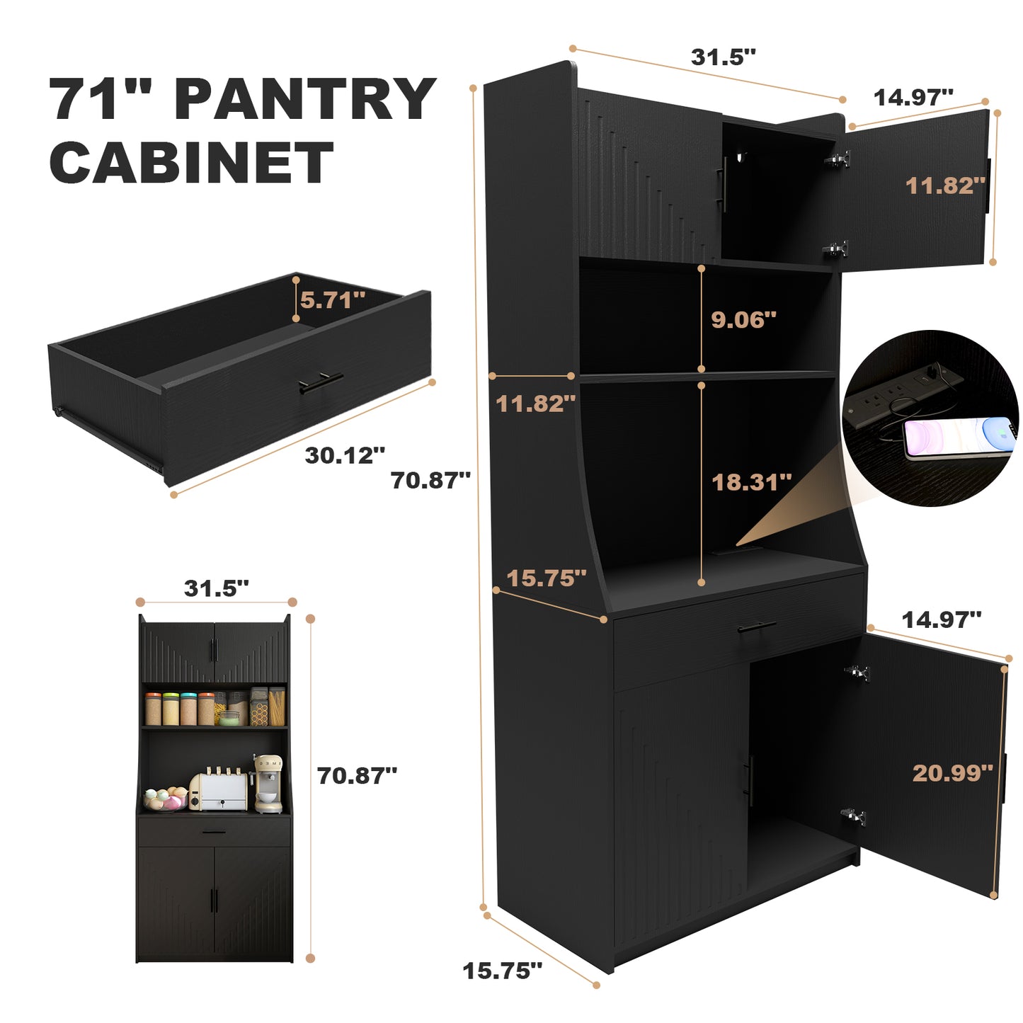 71" Kitchen Storage Cabinet with Charging Station,with 2 Outlets & 1USB 1Type-C Ports,Pantry with 2 Cabinet ,1 large storage drawer& 1 Large Countertop