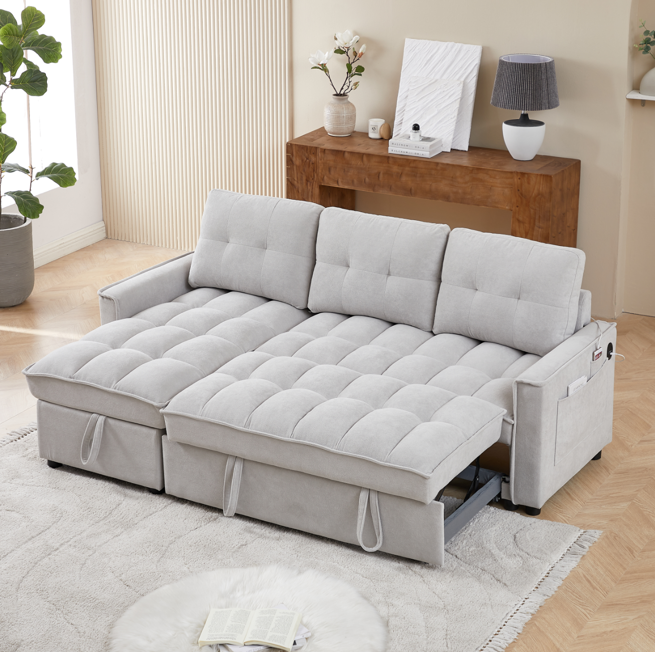 MH 78.75" Reclining Sofa, Pull-Out Sofa Bed with USB and tape-c charging ports, L-Shaped Sectional Sofa with Reclining Storage and Arm Side Organizer Pocket Features, Living Room Comfort Sofa