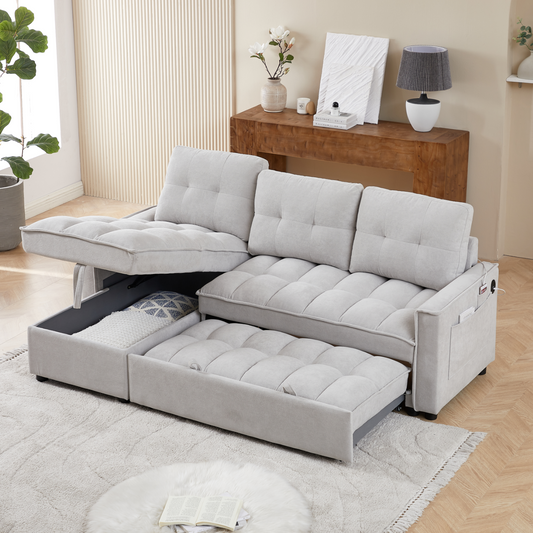 MH 78.75" Reclining Sofa, Pull-Out Sofa Bed with USB and tape-c charging ports, L-Shaped Sectional Sofa with Reclining Storage and Arm Side Organizer Pocket Features, Living Room Comfort Sofa