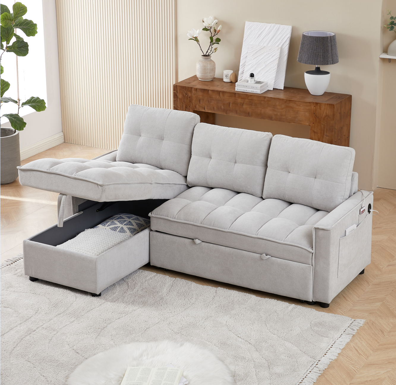 MH 78.75" Reclining Sofa, Pull-Out Sofa Bed with USB and tape-c charging ports, L-Shaped Sectional Sofa with Reclining Storage and Arm Side Organizer Pocket Features, Living Room Comfort Sofa