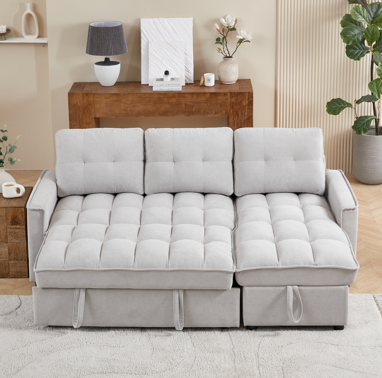 MH 78.75" Reclining Sofa, Pull-Out Sofa Bed with USB and tape-c charging ports, L-Shaped Sectional Sofa with Reclining Storage and Arm Side Organizer Pocket Features, Living Room Comfort Sofa