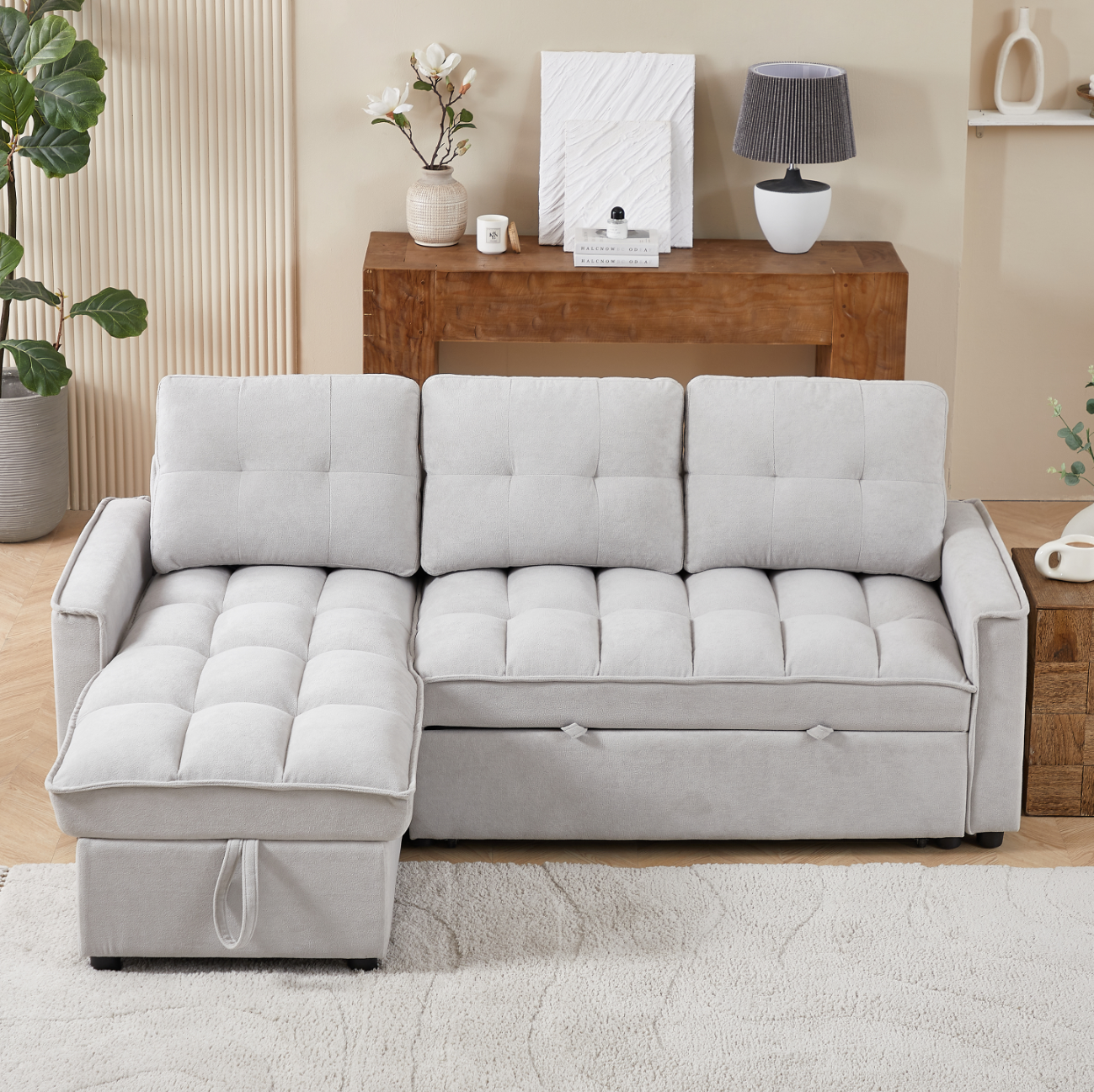 MH 78.75" Reclining Sofa, Pull-Out Sofa Bed with USB and tape-c charging ports, L-Shaped Sectional Sofa with Reclining Storage and Arm Side Organizer Pocket Features, Living Room Comfort Sofa