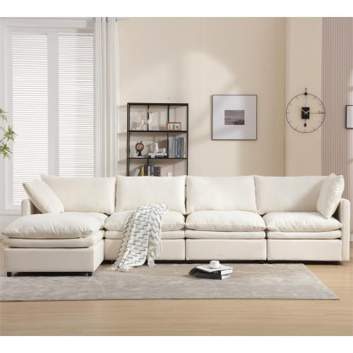 （缺货）Modern U-shaped Sectional Sofa ,5-seat Upholstered Sofa Furniture,Sleeper Sofa Couch with Chaise Lounge for Living Room,Apartment,Beige, Polyester