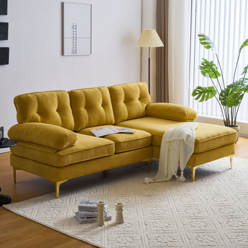 （缺货）83" Modern Sectional Sofas Couches Velvet L-Shaped Couches for Living Room, Bedroom, Yellow